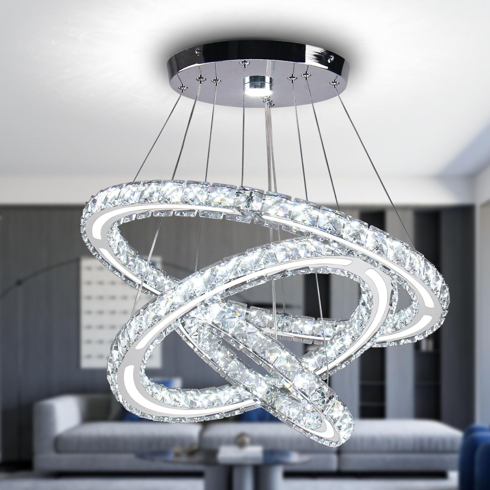 Modern LED Crystal Chandelier Ceiling Light 3-Ring Adjustable Height for Living Rooms and Bedrooms - White 3-Ring Style