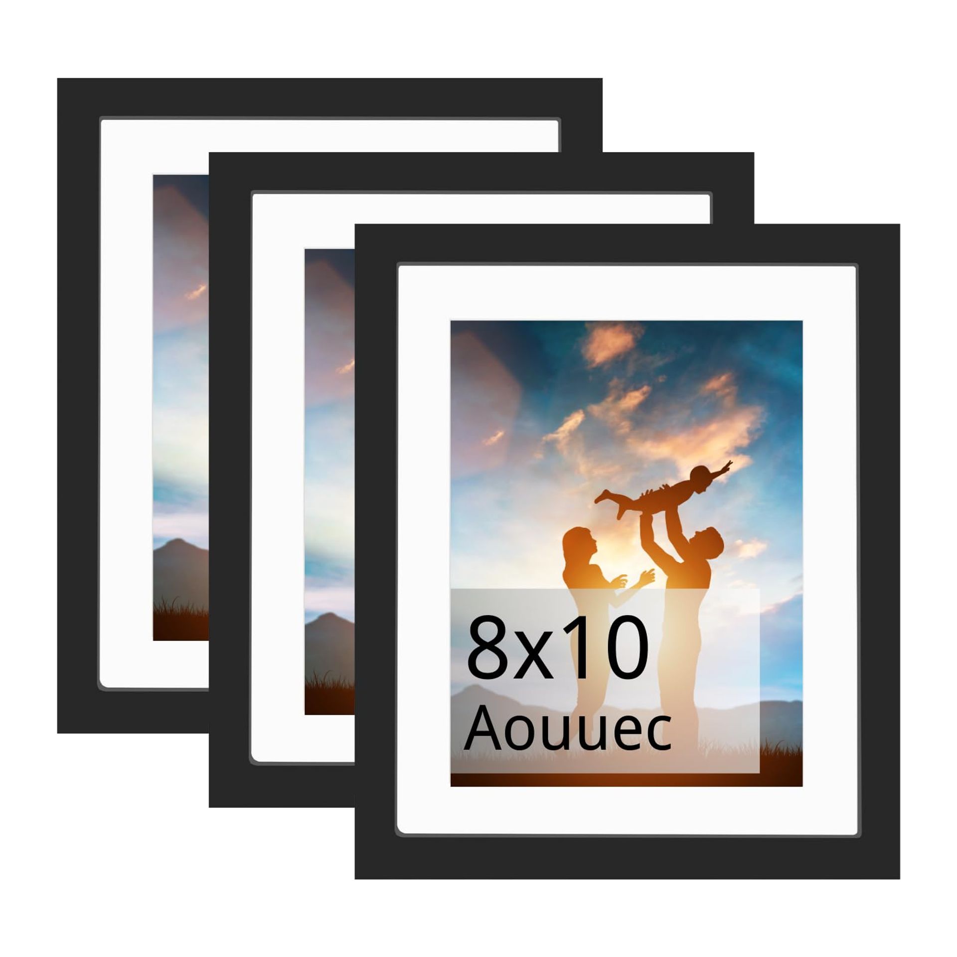Set of 3 Black 8x10 Wooden Photo Frames with Acrylic Glass, Matted for 4x6 and 5x7, Tabletop or Wall Mount Display