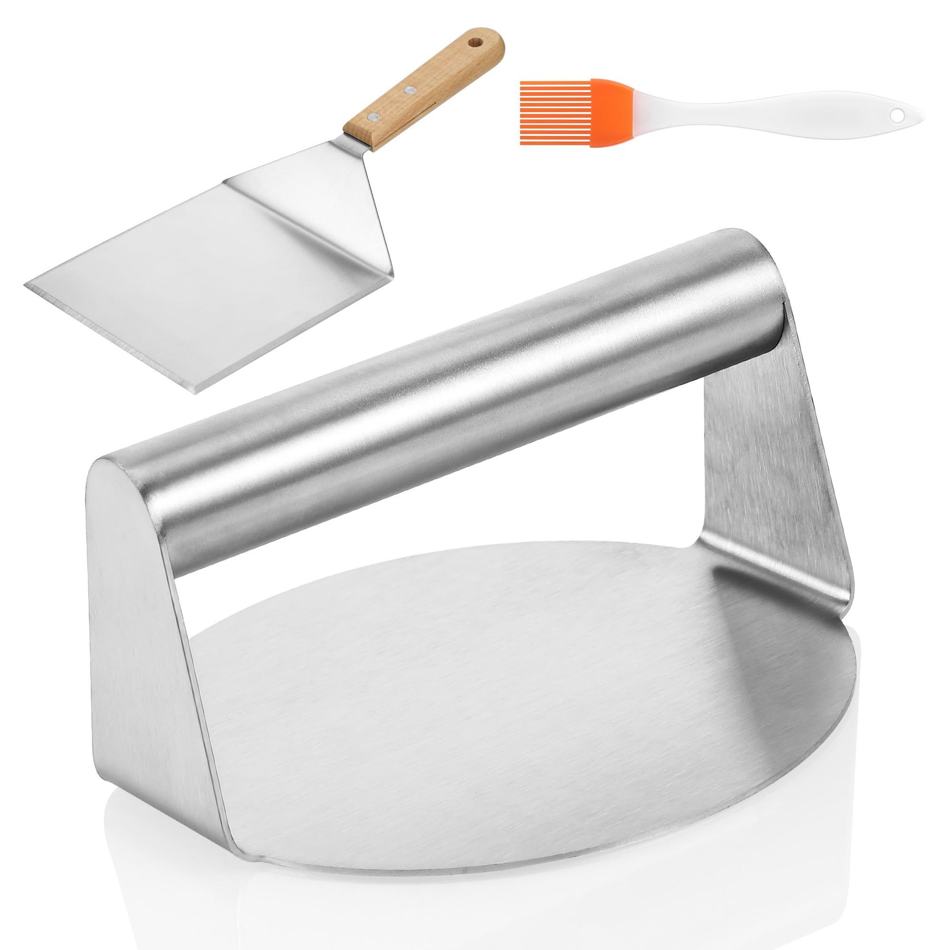 Burger Press Kit Stainless Steel Smasher with Flipper for BBQ Grill, Steak, Sandwiches & Toast Cooking - Silver 5.5 Inch