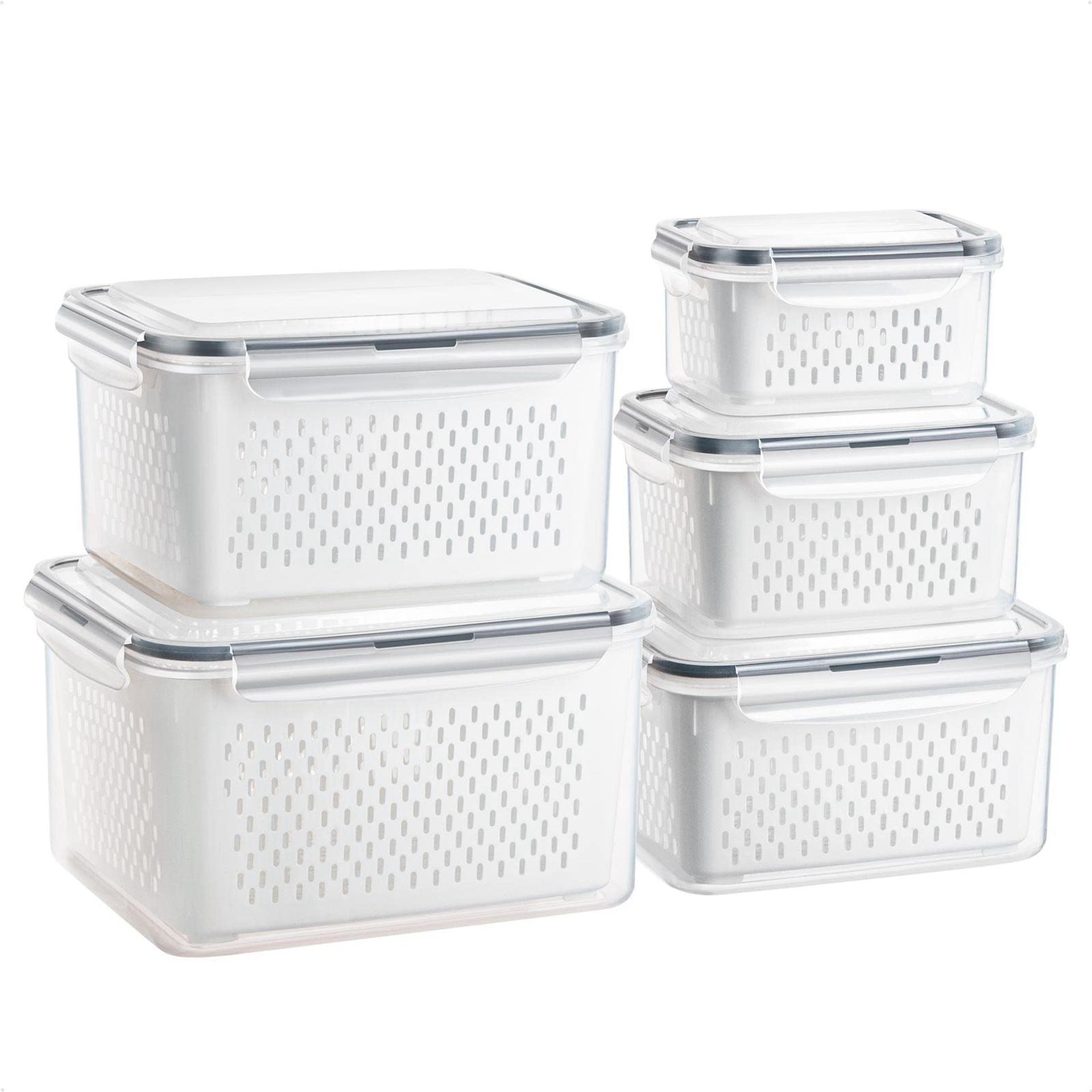 Fresh Food Storage Containers Set with Lids & Colanders, Stackable Fridge Organisers for Fruit, Vegetables & Produce - 5 Pack