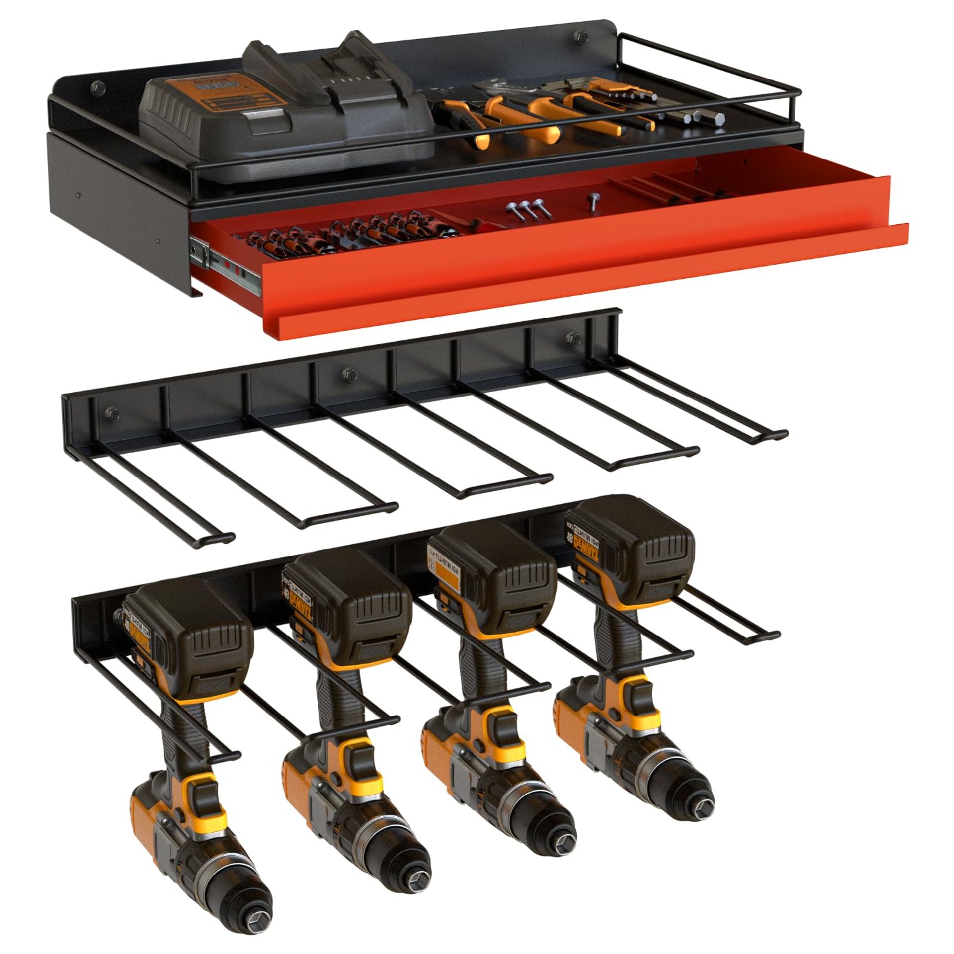 Power Tool Wall Mount Organiser 3 Pack Drill Storage Rack with Charging Shelf for Garage or Workshop - Orange MK880A