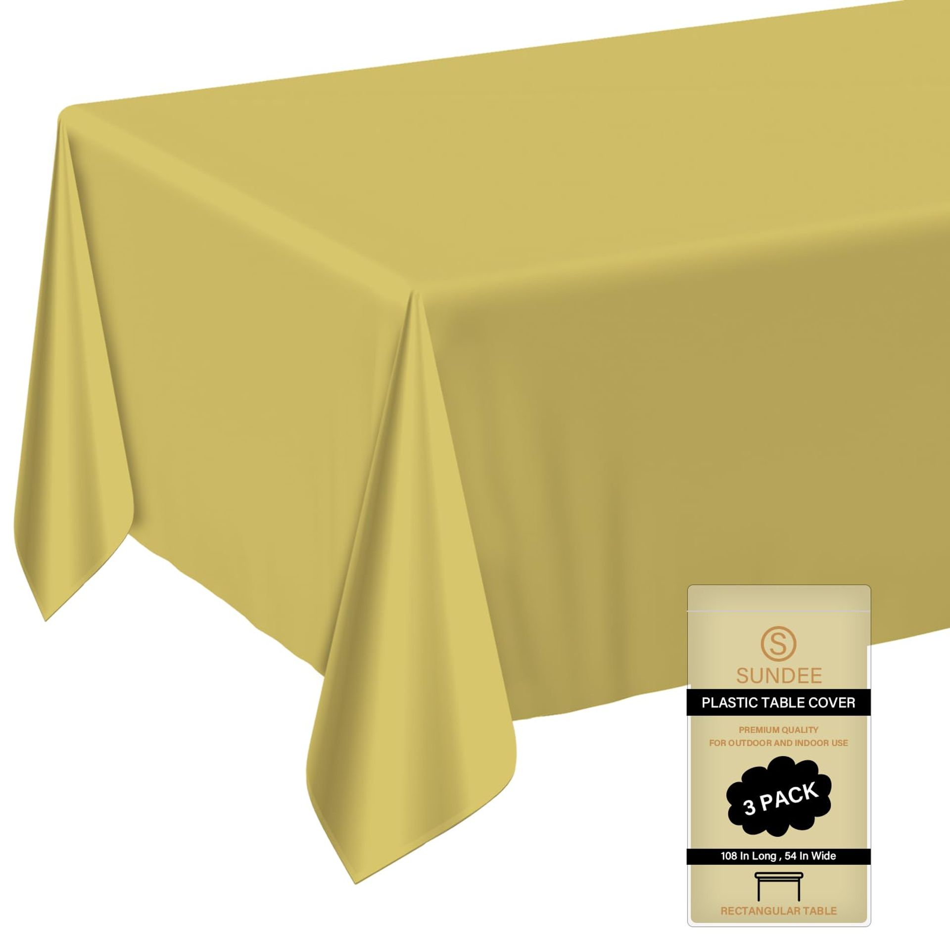 Gold Disposable Waterproof Plastic Tablecloths 54" x 108" - 3 Pack for Parties & Events