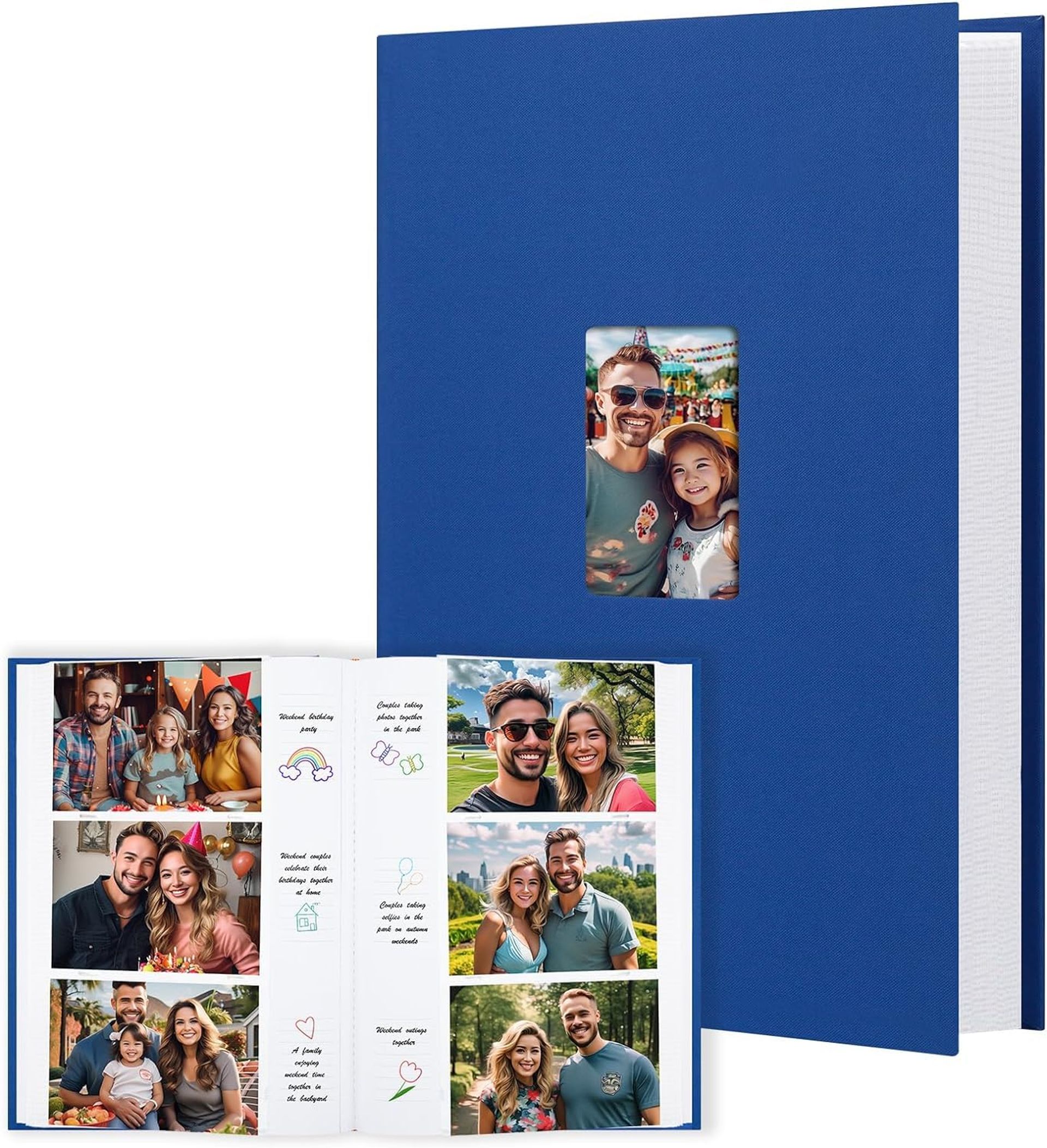 Photo Album for 6x4 Pictures 450 Capacity Linen Cover with Writing Space and Front Window - Blue 22x16x4cm