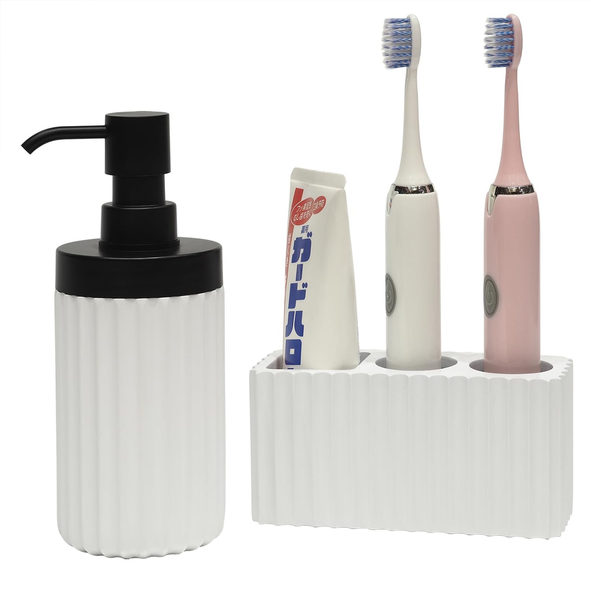 Farmhouse Bathroom Décor Set with Resin Soap Dispenser & Toothbrush Holder 2-Piece - White 280 ml