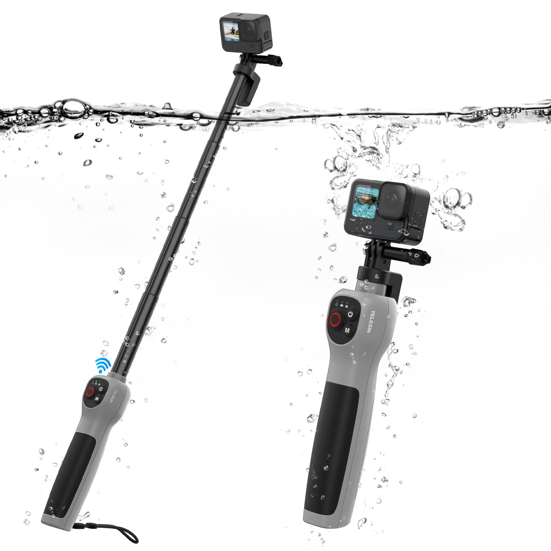 Underwater Selfie Stick with Bluetooth Remote Control for GoPro Hero 12/11/10/9/8, 33-Inch Waterproof Retractable Design for Surfing and Diving - Grey