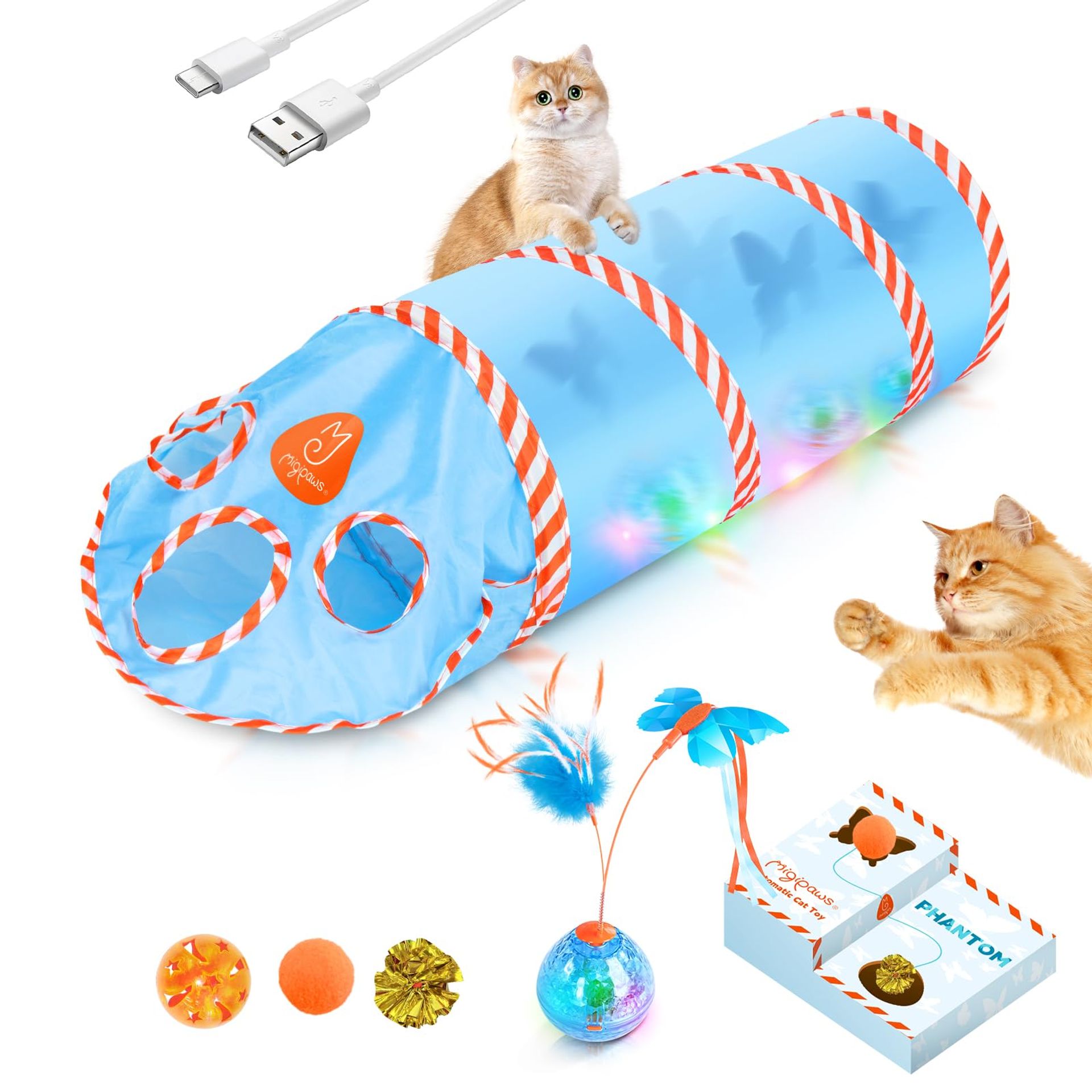 Interactive Cat Toy Set with Tunnel, Rotating Ball & Shadow Play - Rechargeable Fun for Active Cats