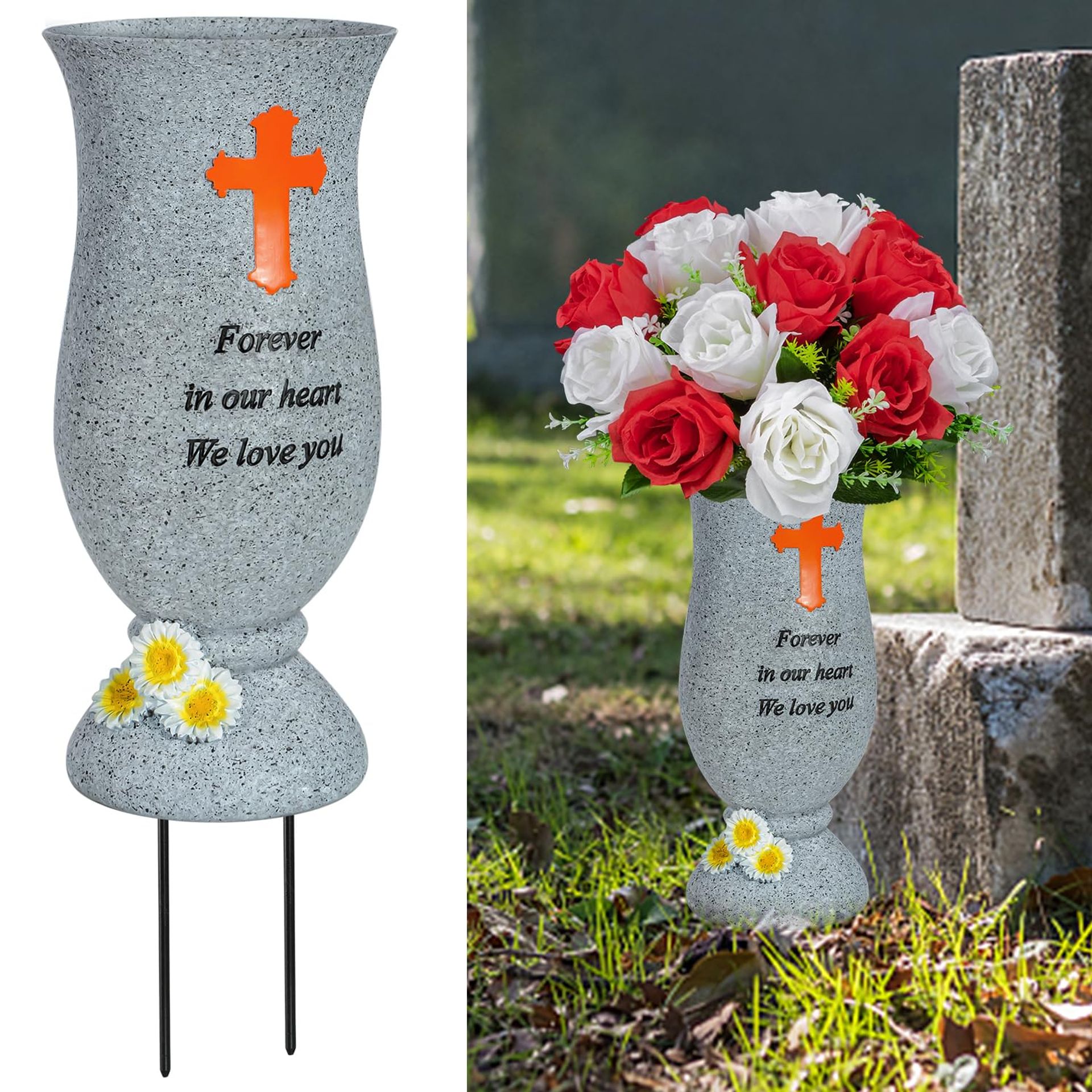 Memorial Cemetery Flower Vases Resin Grave Decorations with Spikes & Drainage Holes - Grey 2 Pack