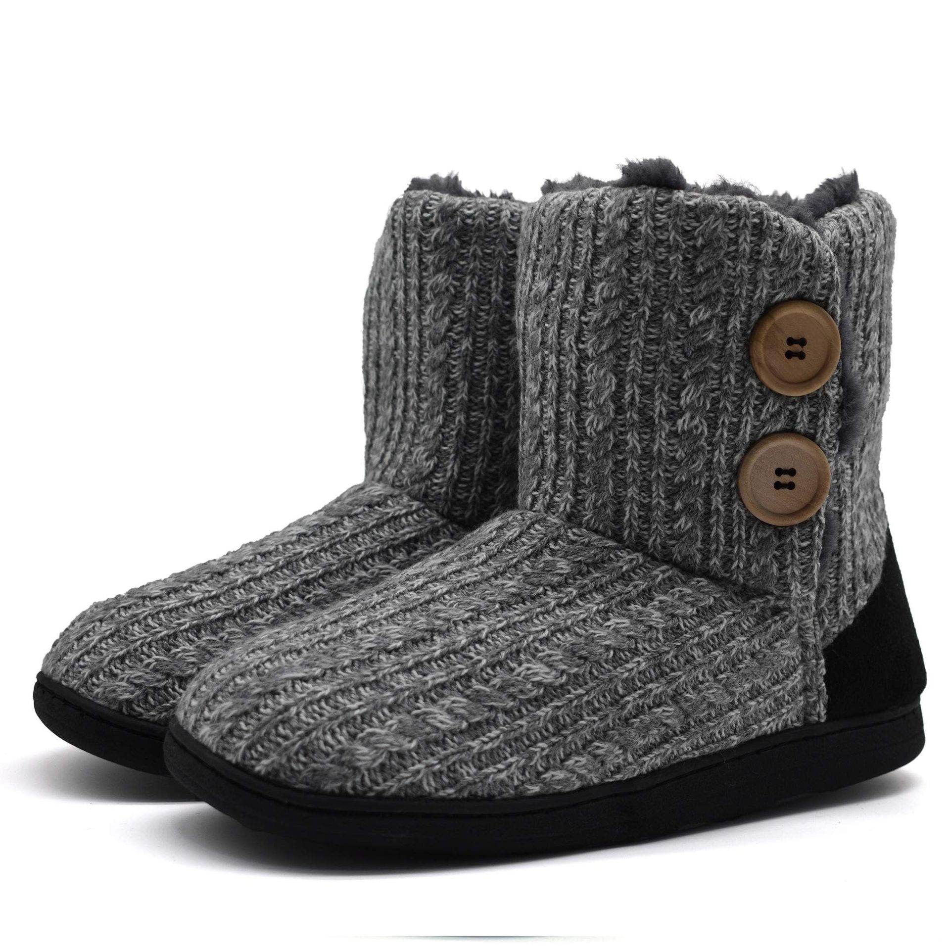 Women's Faux Fur Slipper Boots Memory Foam Wool Knit Indoor Ankle Design - Light Grey UK 5-6