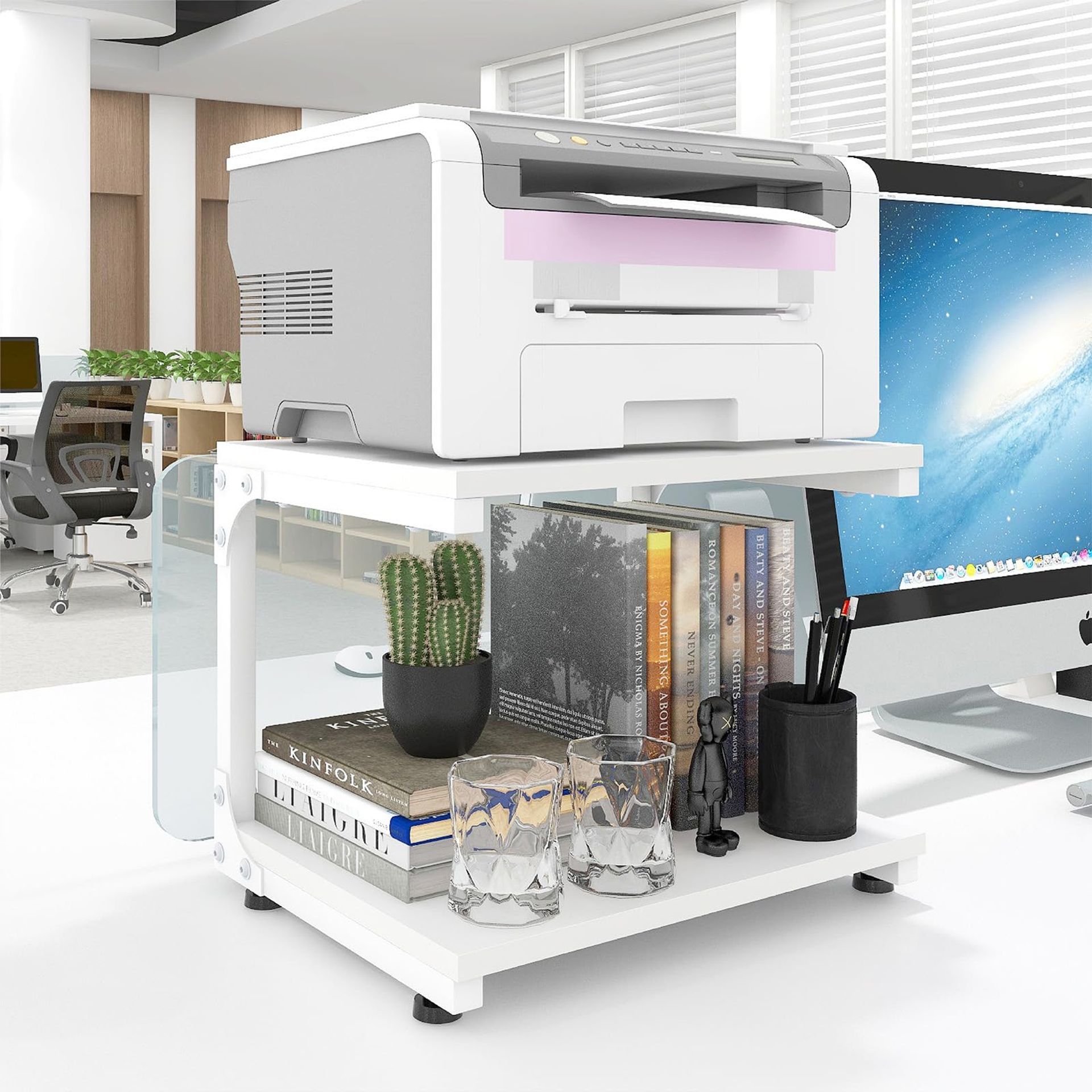 2-Tier Desktop Printer Stand with Storage Shelf – Space-Saving Tabletop Organiser for Printers, Scanners, Files & Office Essentials - White