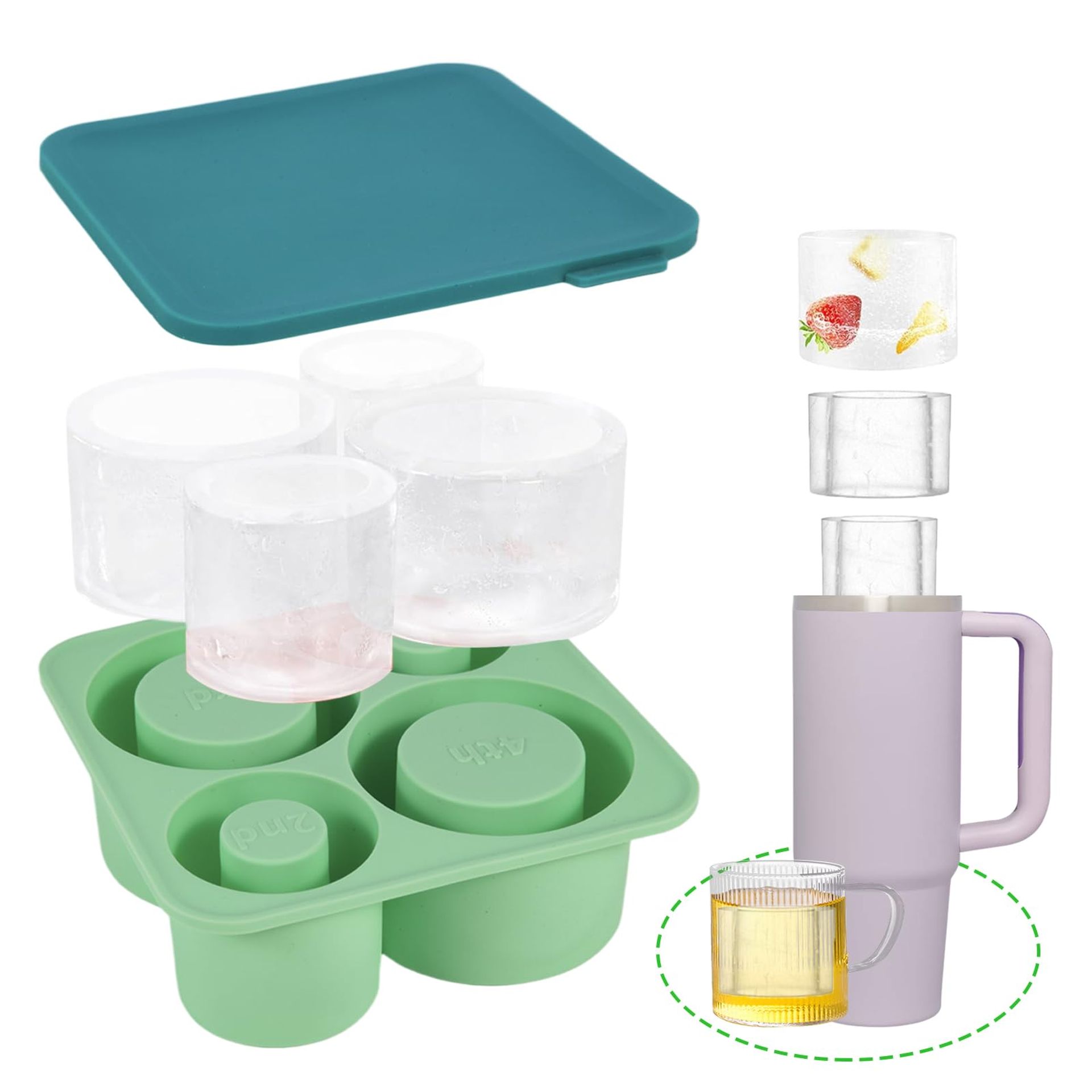 VacFreKep Ice Cube Tray for 20-30-40oz Tumbler Cup,Large Silicone Ice Mold with Lid,Chilling Cocktails,Whiskey,Drinks,Coffee,Tea(Green)