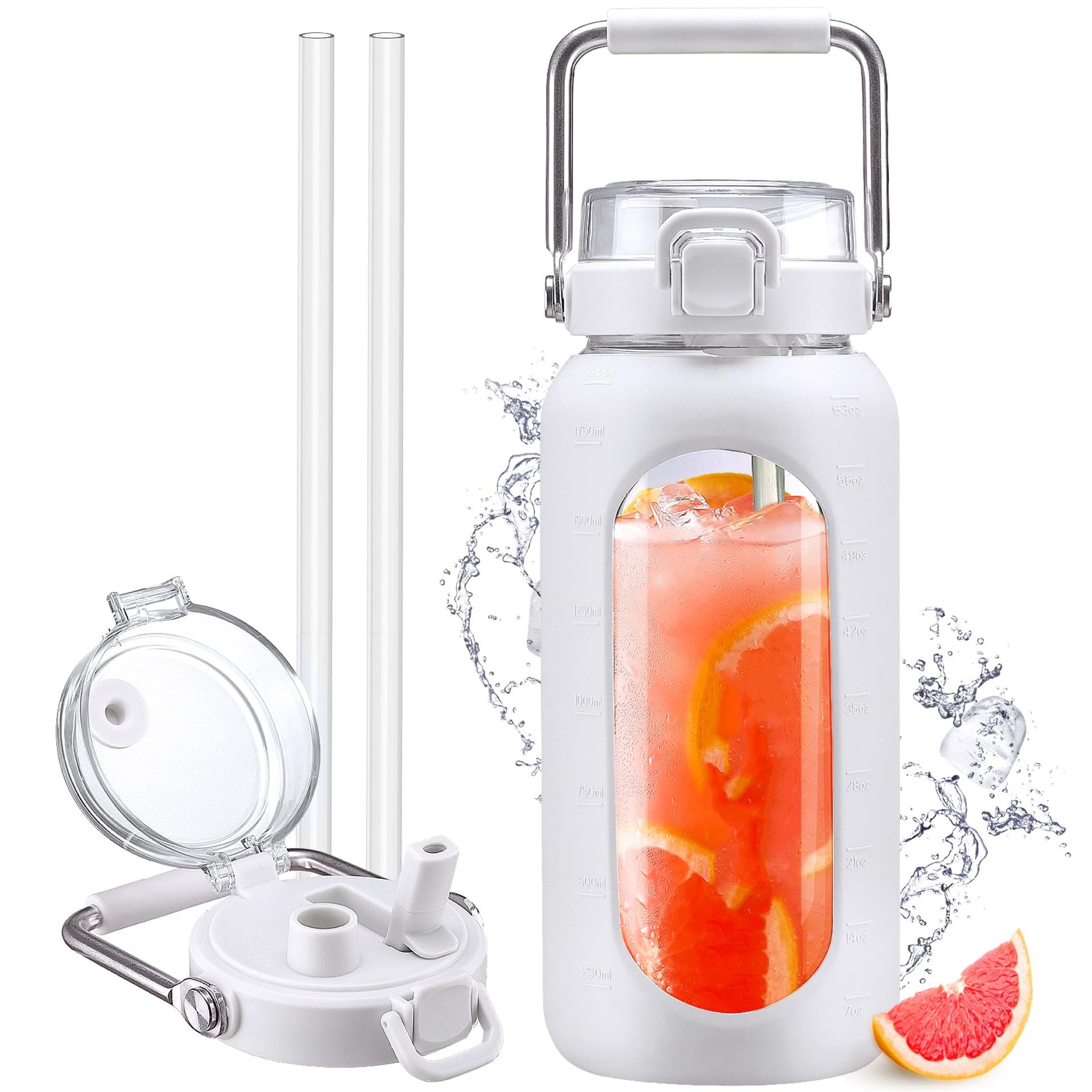 2L Glass Water Bottle with Straw, Time Marker, Silicone Sleeve, Leakproof Spout - White 1893ml