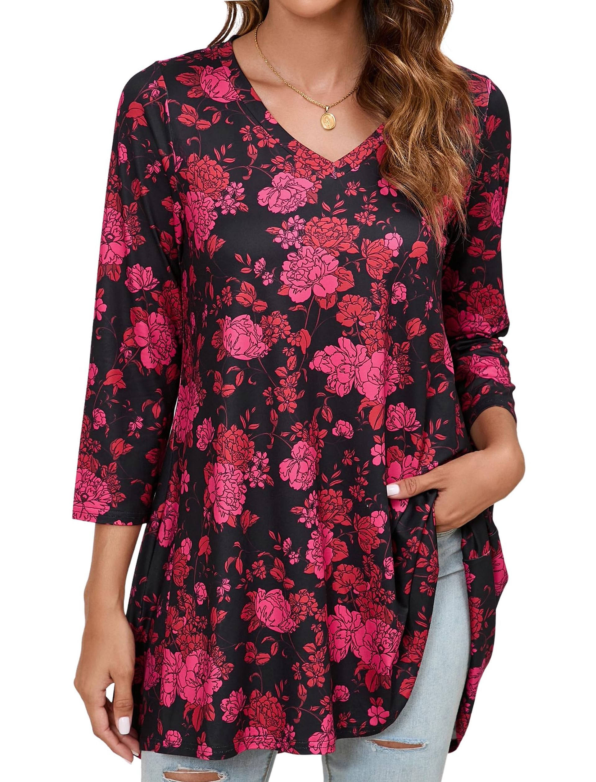 Women's Tunic Top V Neck Longline Blouse 3/4 Sleeves Loose Fit Casual - Red & Black Floral 4XL