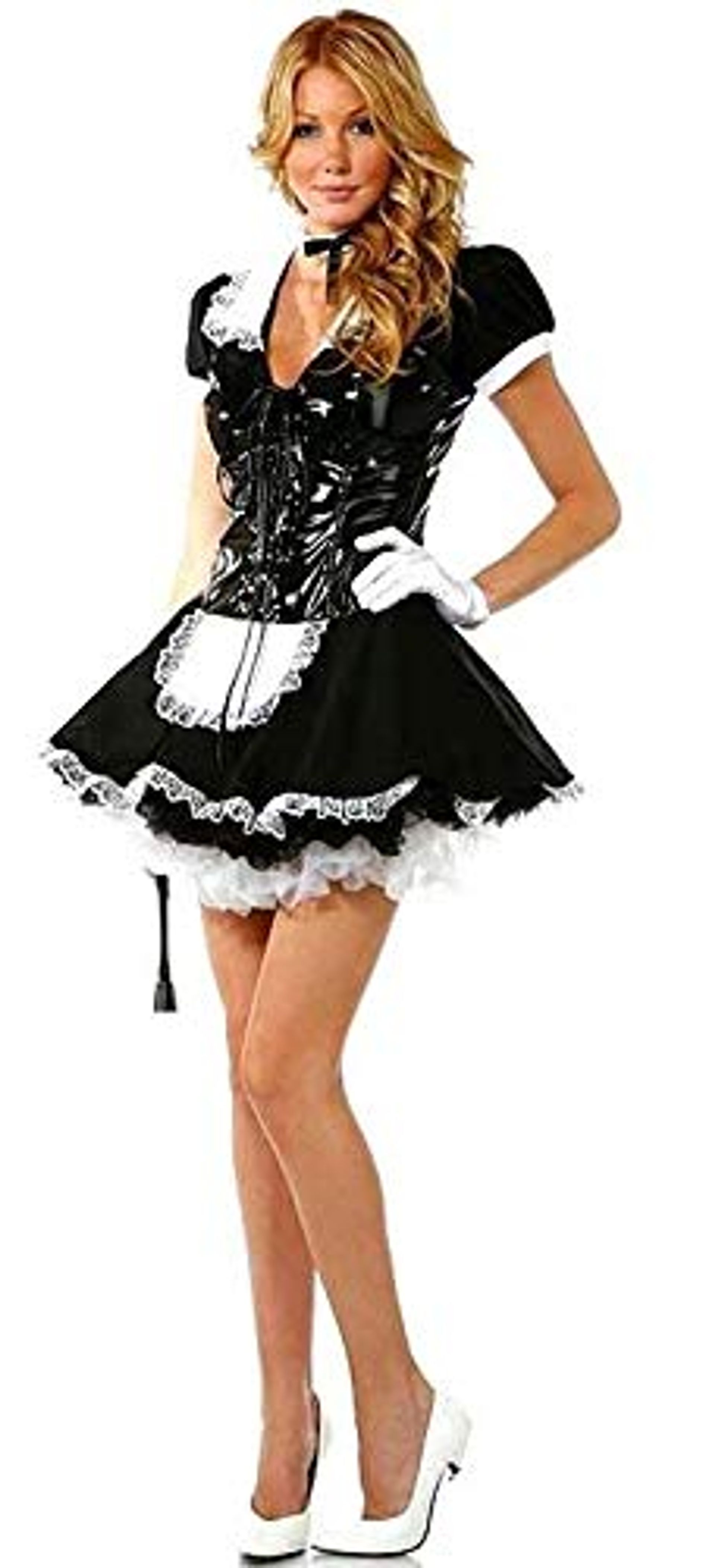 Ladies French Maid Fancy Dress Costume with PVC Bodice – Halloween Party Outfit Size 14