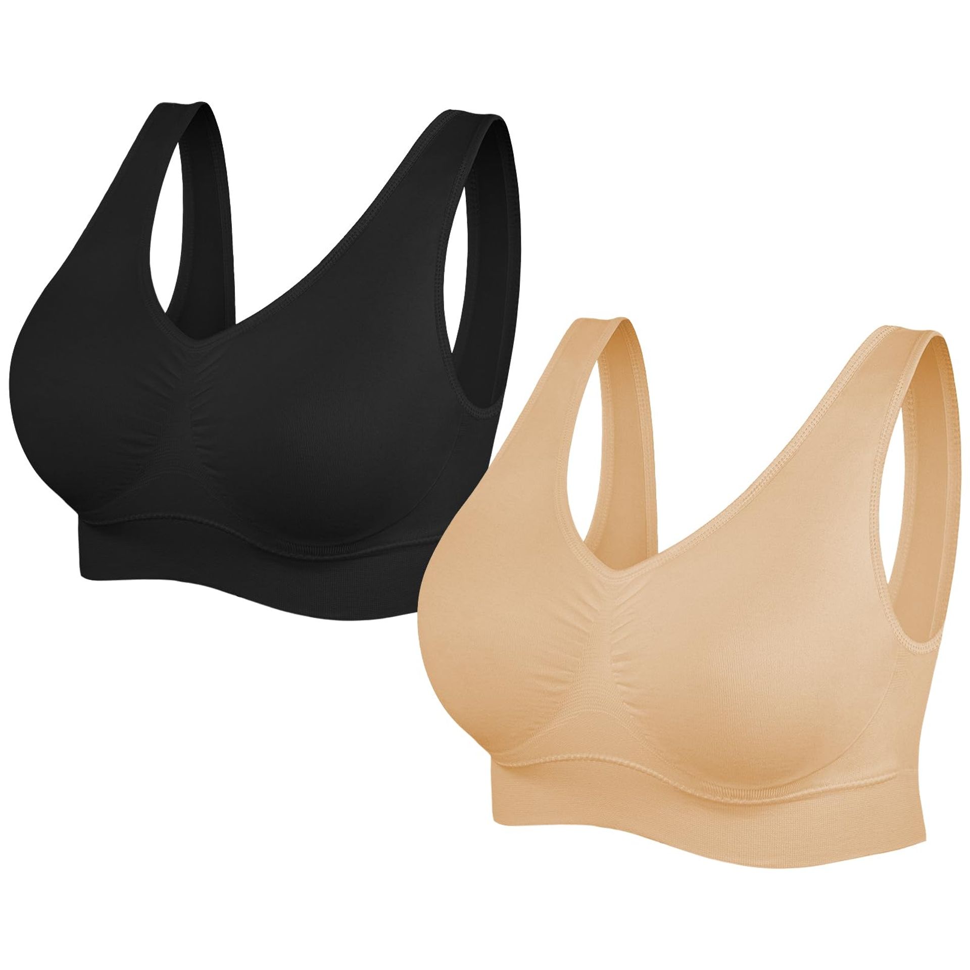 SIMIYA Super Comfort Bra, Womens Sports Bras Removable Pads Plus Size Sleep Bras for Girls in Yoga Bralette Leisure Stretch Crop Tops Vest (S, 2 Pack Black+Beige)
