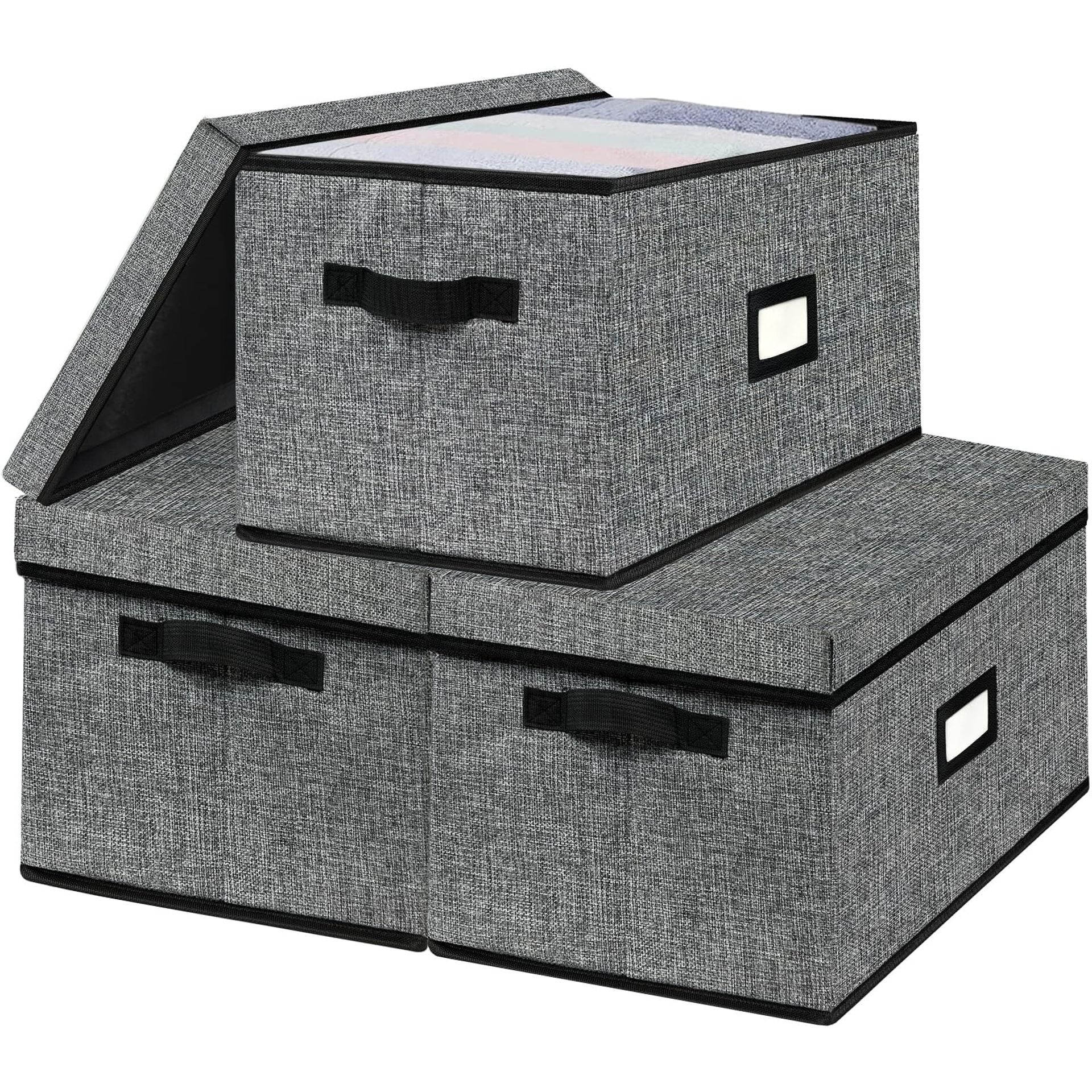 Upgraded Storage Boxes with Lids, Large Fabric Organisers for Wardrobe & Closet, 40x30x26 cm, Black - Bargain Price