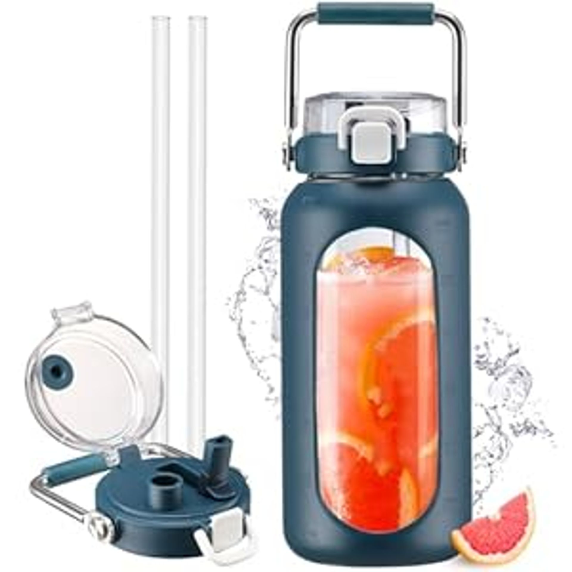 2L Glass Water Bottle with Straw & Time Marker – Leak-Proof Borosilicate Jug with Silicone Sleeve, Handle & Wide Mouth – Dark Blue