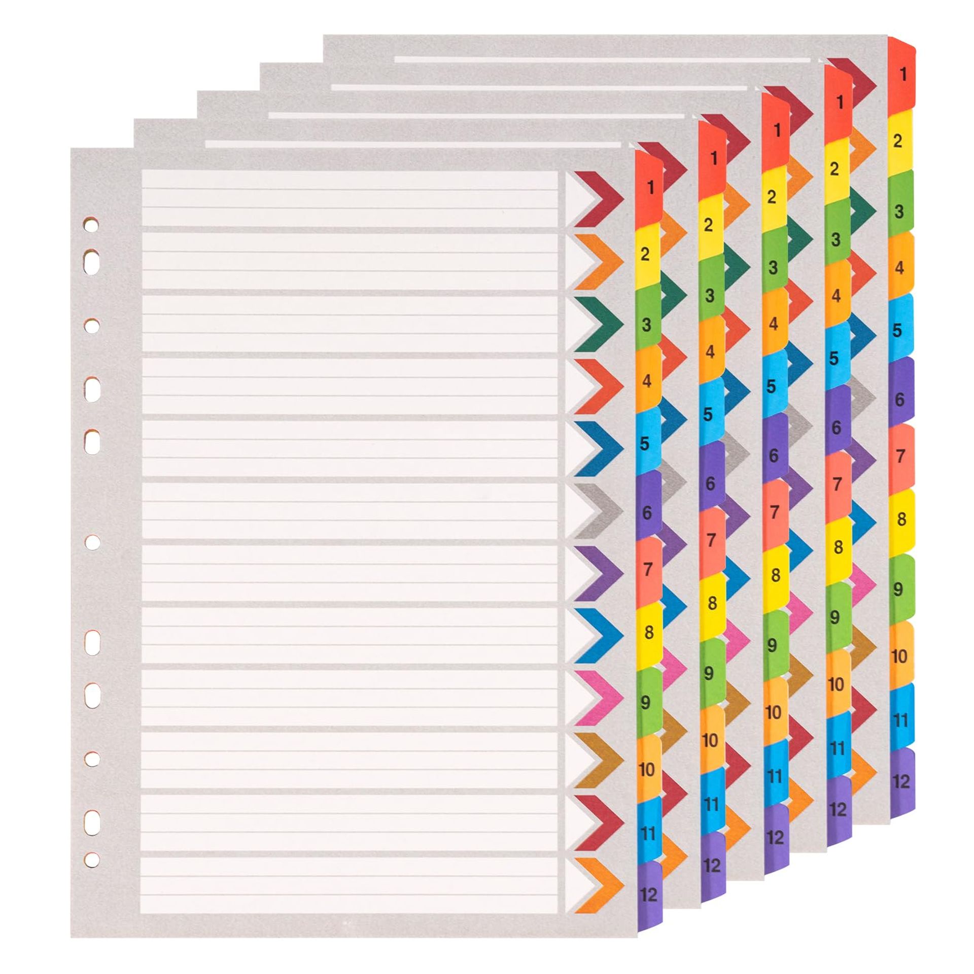 5 Pack A4 File Dividers, 12-Part Numbered Tabs, Multipunched Colour Index, Organise Documents Easily