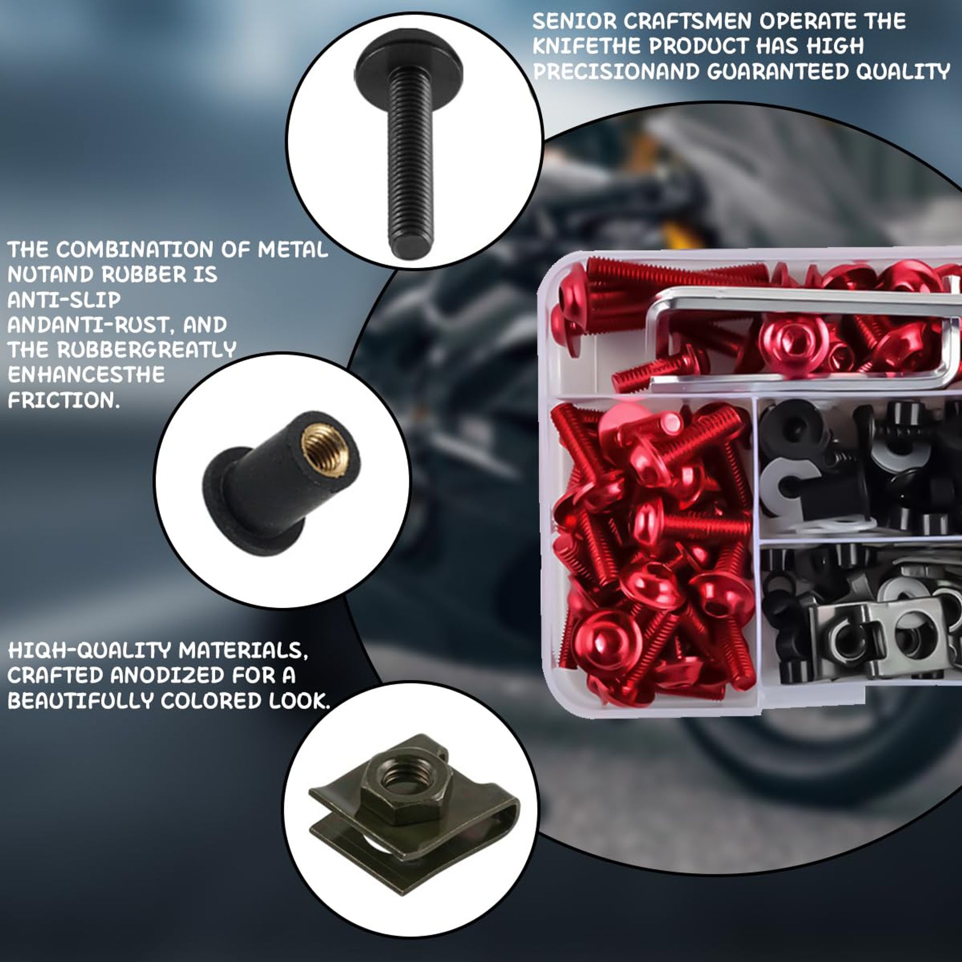 195pc Motorcycle Fairing Bolt Kit - Red Aluminium