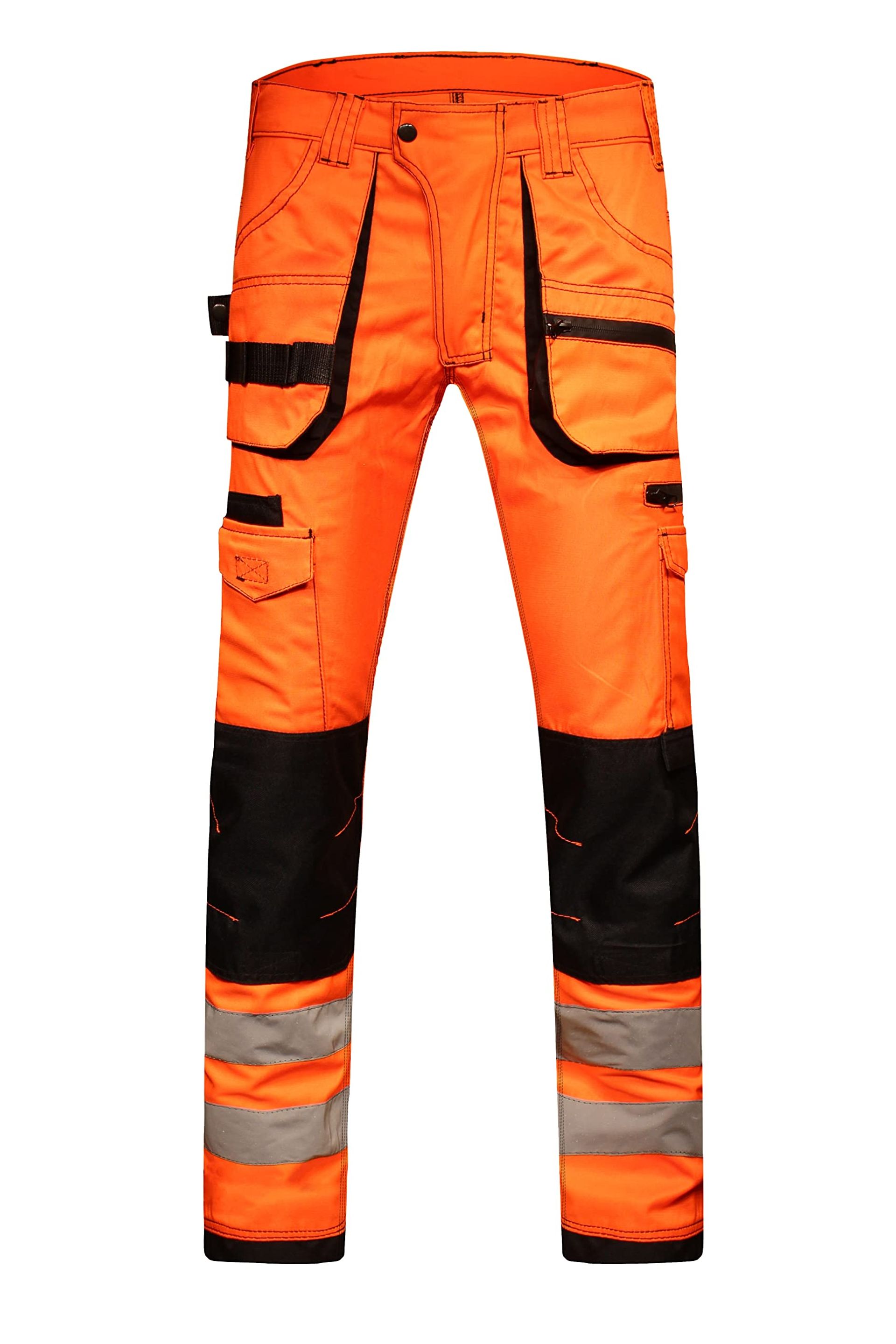 Men's Hi Vis Work Trousers Heavy Duty Cargo Safety Pants Reflective Strips Multi Pocket - Orange 32W/34L
