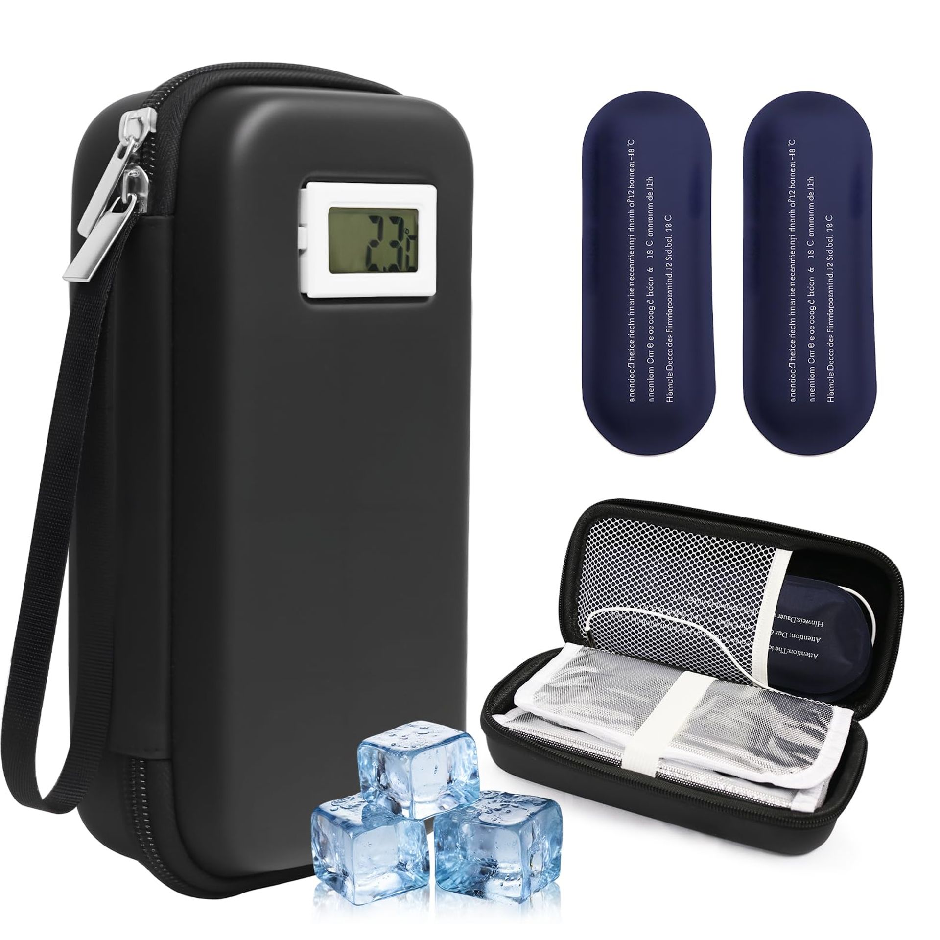 Insulin Cooler Travel Case with Temperature Display Fits 4-8 Pens + 2 Ice Packs - Black YDSC