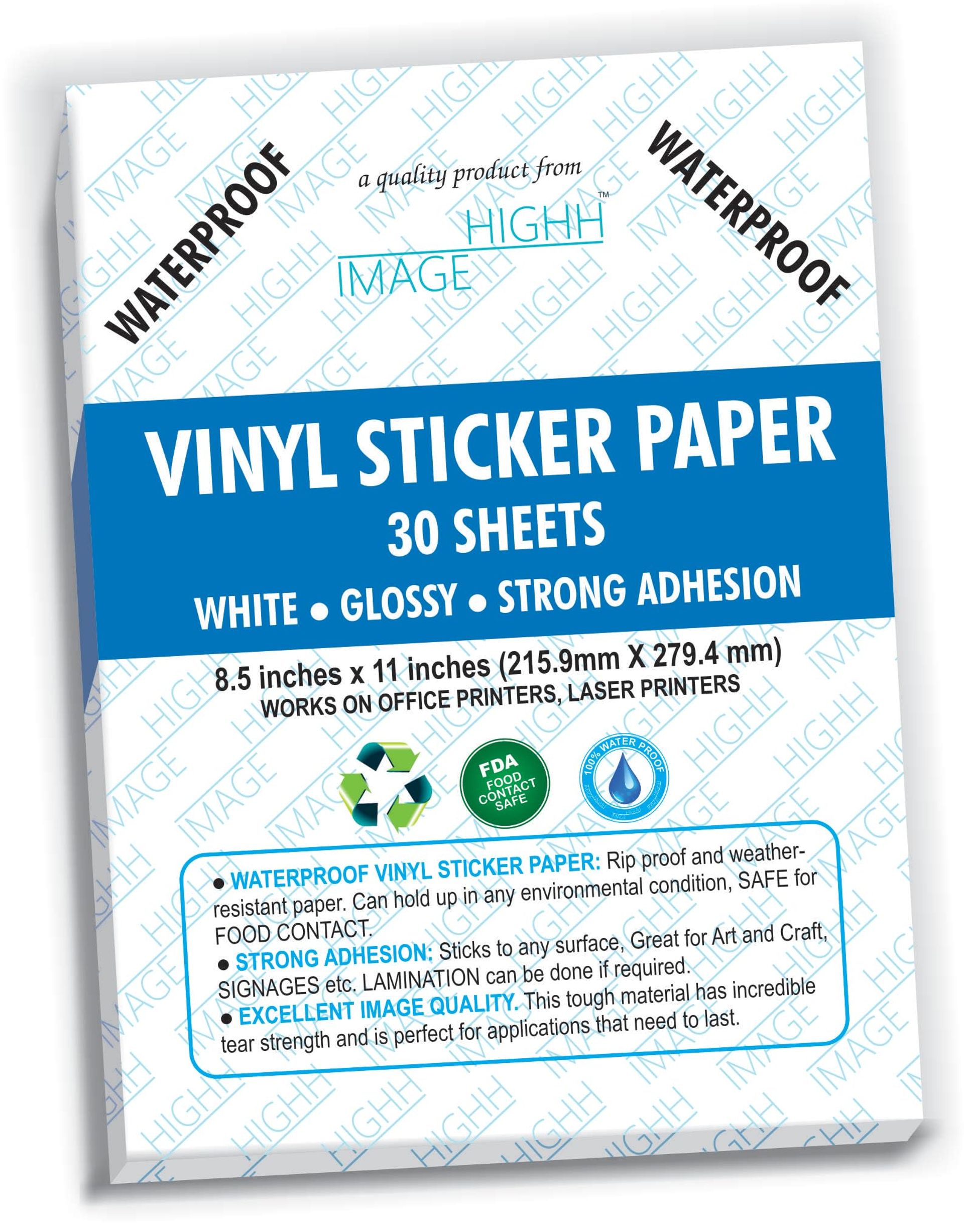 HIGHH IMAGE VINYL STICKER PAPER PREMIUM WHITE GLOSSY WATERPROOF VINYL FOR LASER PRINTERS - A4 SIZE, 210 x 297 MM, 1 SHEET