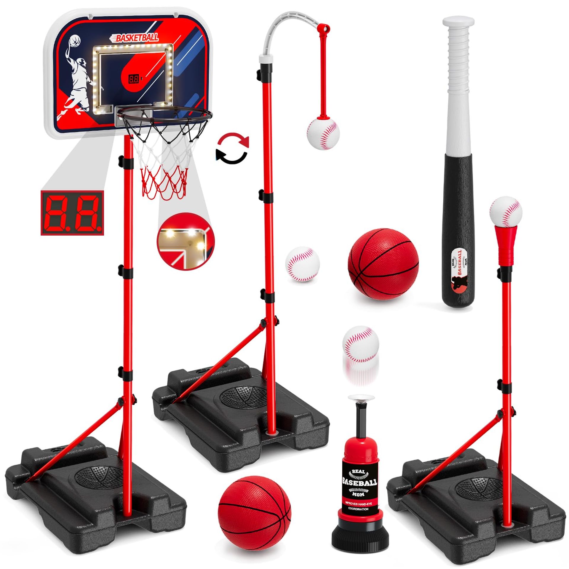 4 in 1 Kids Basketball Hoop and Baseball Set with Scoreboard & LED Lights, Indoor Outdoor Sports Toy for Ages 3-8 - Green With Scoreboard & Lighting