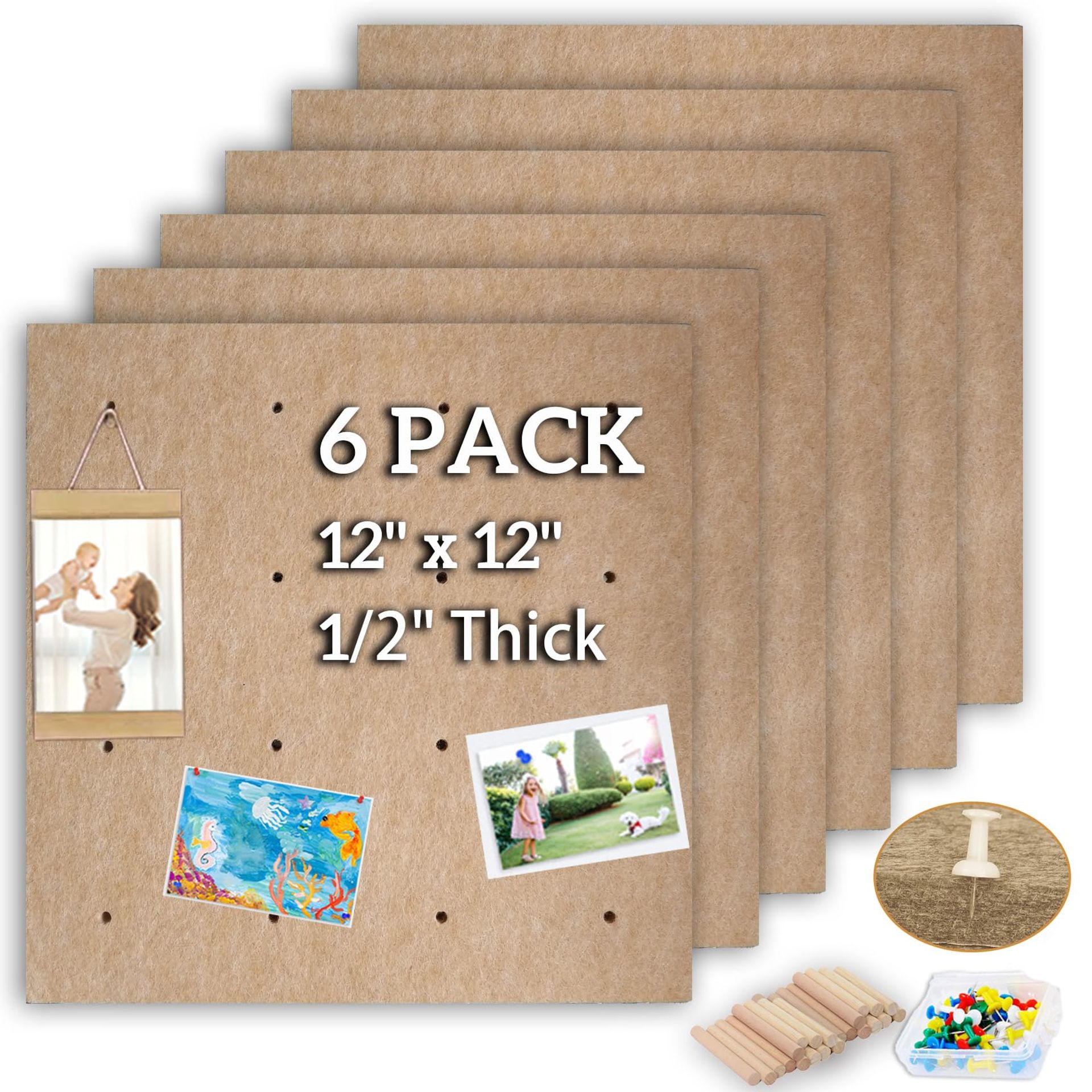 Felt Pinboard Bulletin Board 6-Pack Self-Adhesive Perforated Wall Tiles with Push Pins & Wooden Dowels - Brown 30x30cm 6Pcs