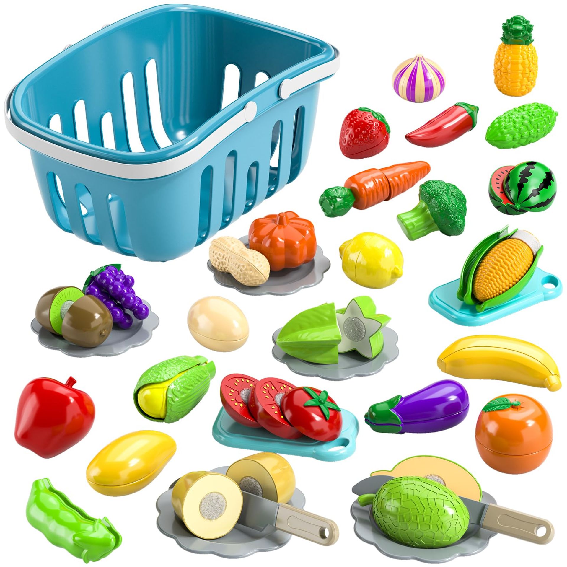 70pcs Kids Play Food Cutting Set with Storage Case, Pretend Kitchen Fruits & Vegetables, Educational Role Play Toy for Ages 3-6