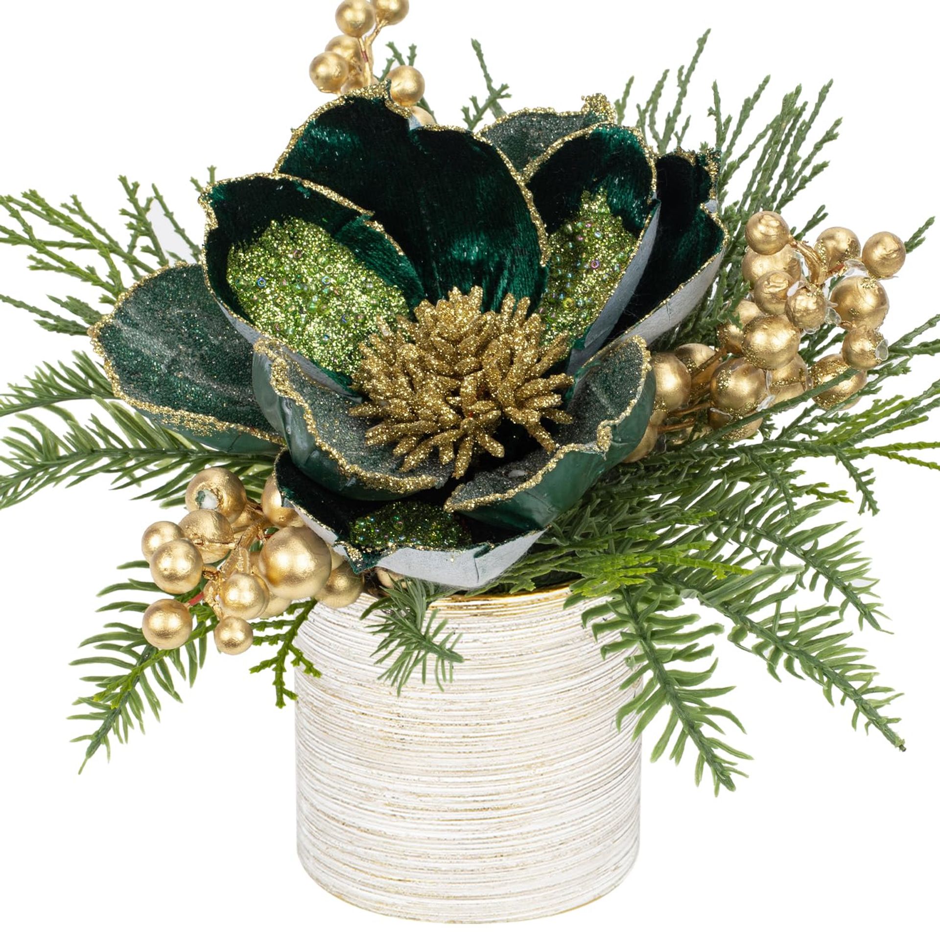9" Glitter Magnolia Artificial Flowers in Ceramic Vase - Dark Green Xmas Floral Arrangement with Gold Berry Stems for Festive Home Décor