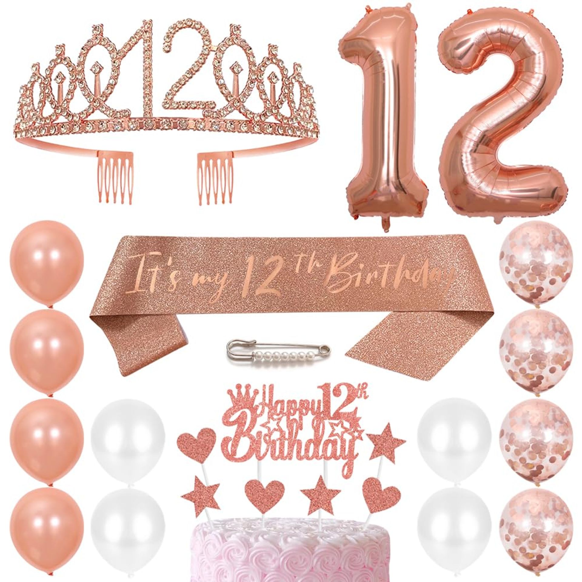 12th Birthday Sash & Tiara Set with Rose Gold Balloons and Cake Toppers for Girls' Party Decorations