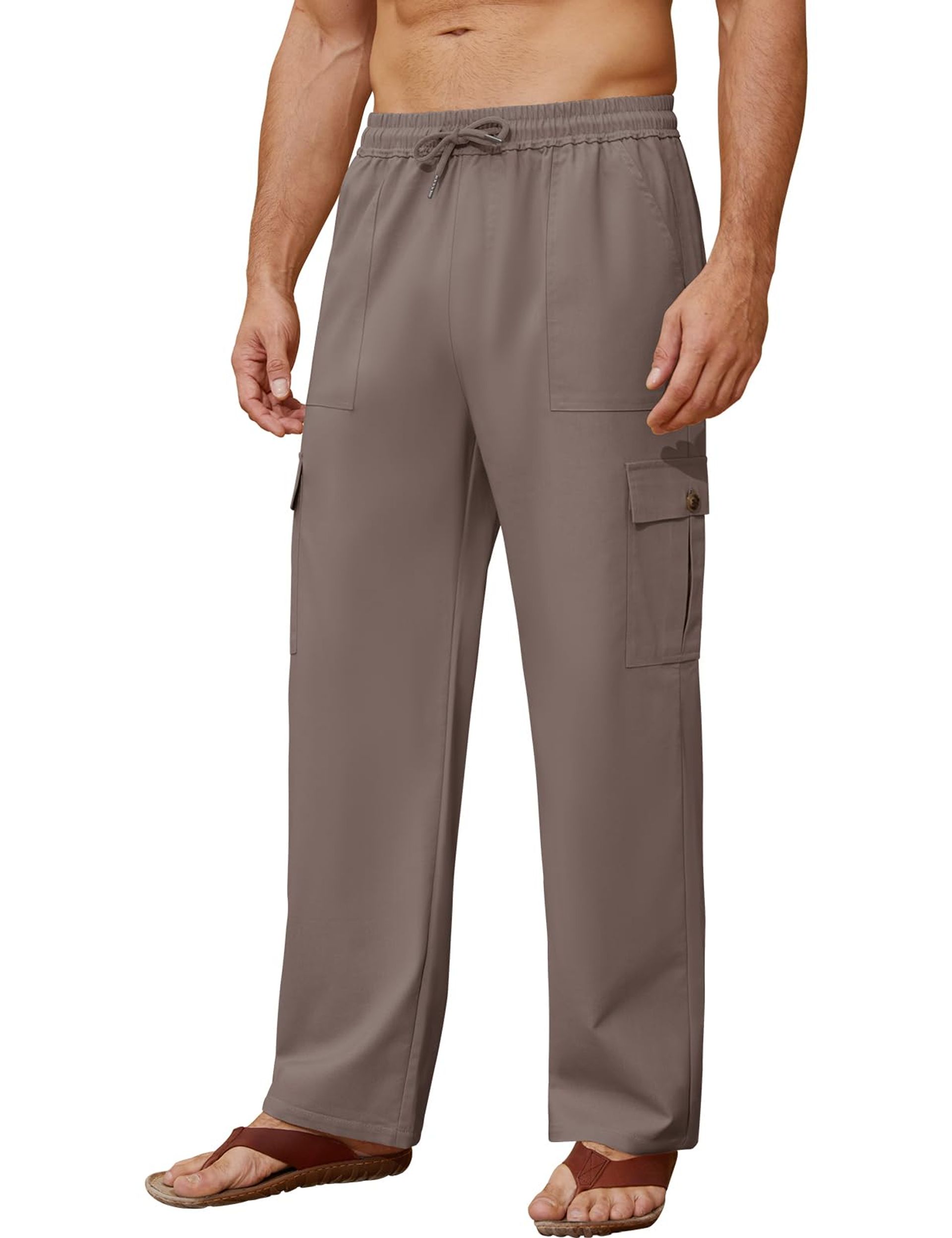 Men's Linen Trousers Relaxed Fit Lightweight Straight-Leg Beach Cargo Pants - Black L