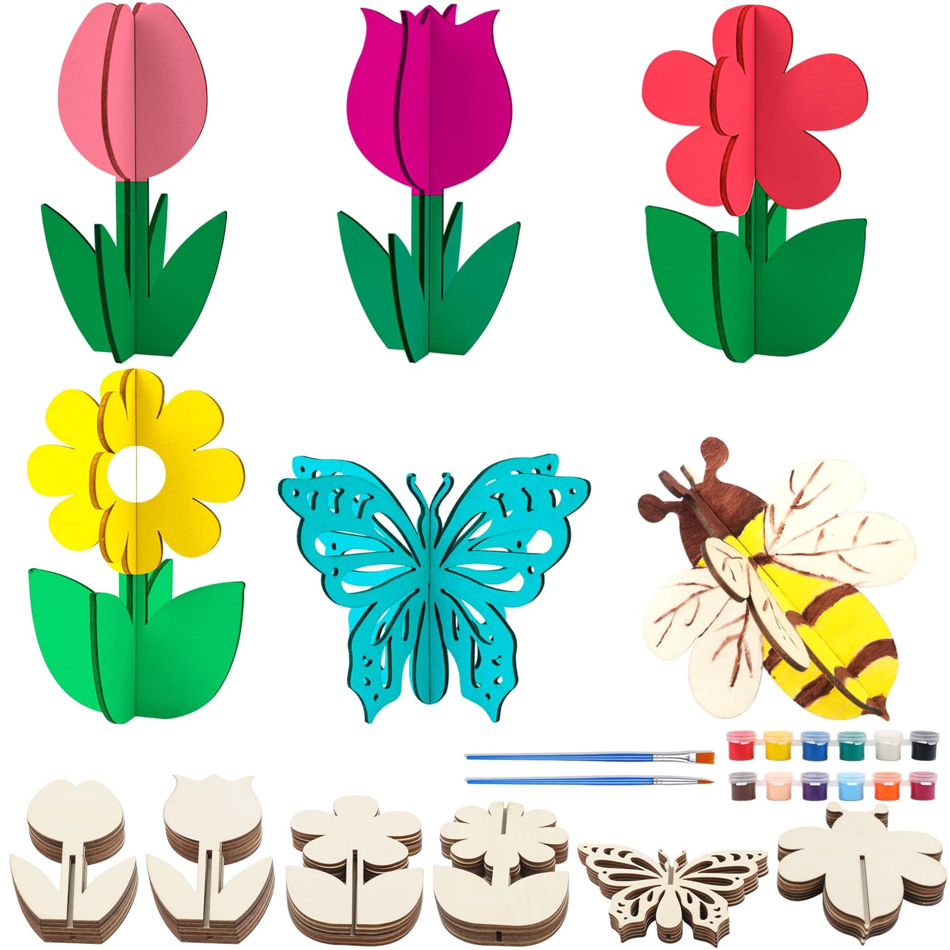 Fangoo 24 PCS 3D Wooden Flowers & Insects Craft Kit with Acrylic Paints for DIY Home Decor