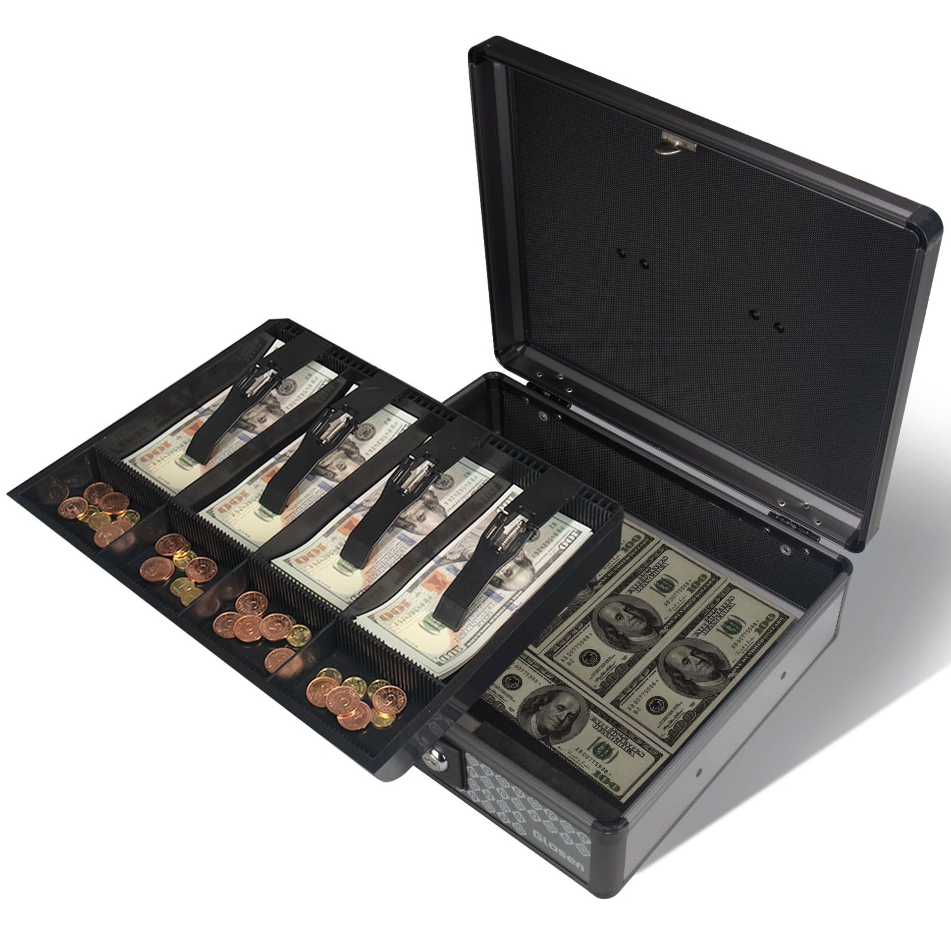 Lockable Cash Box with Key and Removable Coin Tray Heavy-Duty Metal Construction - Black XLarge
