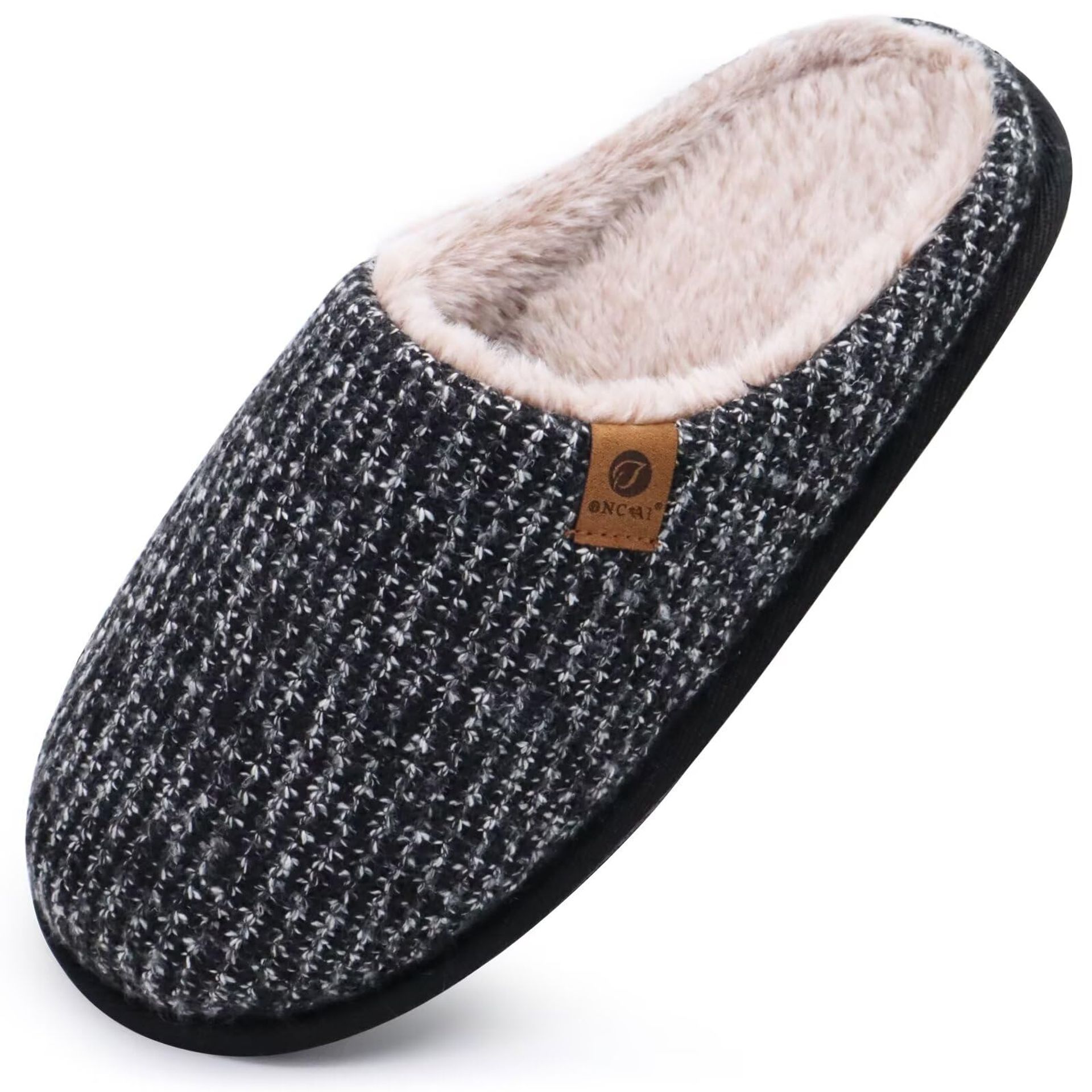 Men's Memory Foam Mule Slippers Warm Fuzzy Knit Non-Slip Sole Indoor Outdoor - Cotton Plush Black UK 8.5