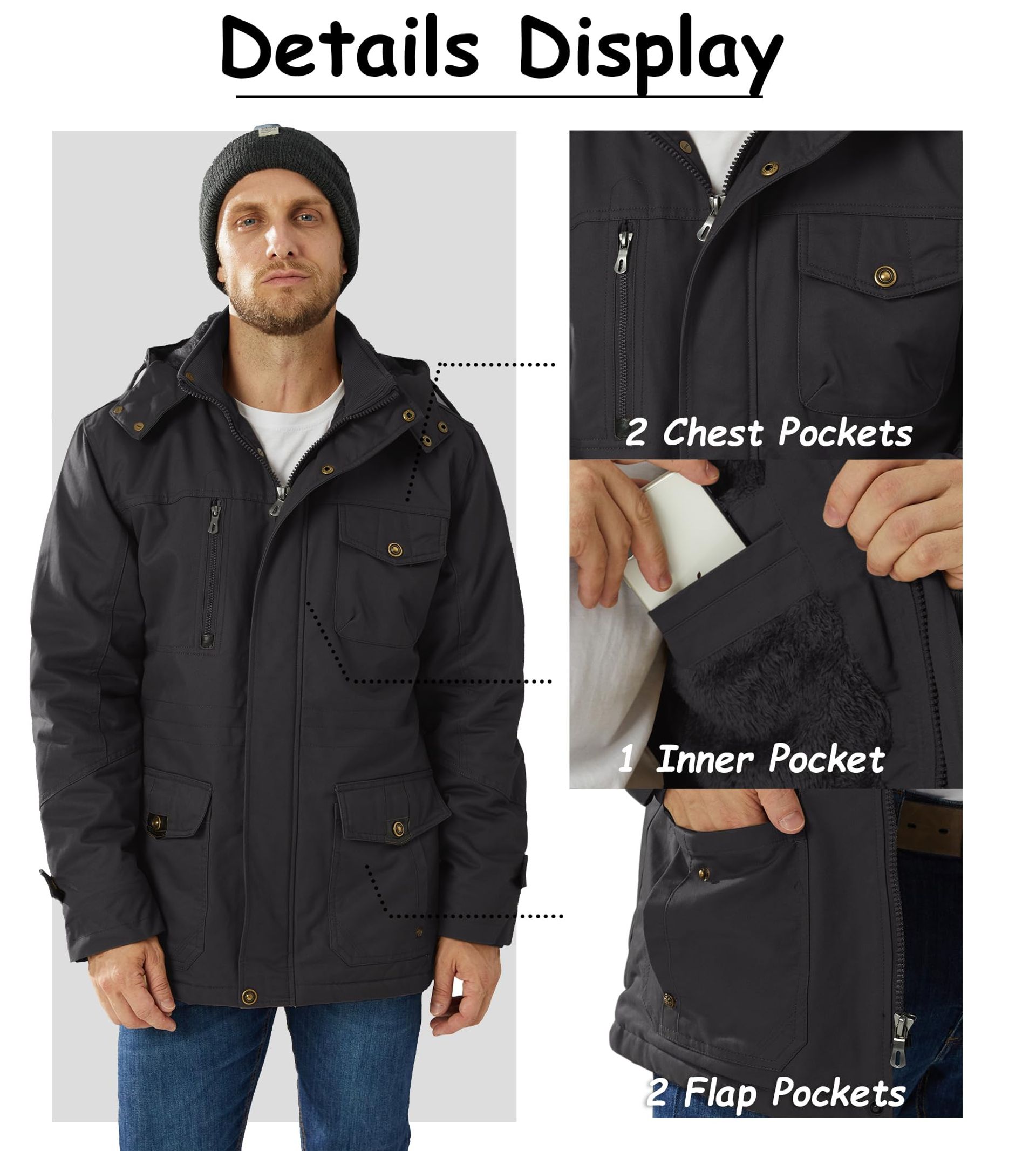 KEFITEVD Winterjas voor heren, ski-jack, waterdicht, warm gevoerd, outdoorjas met afneembare capuchon, softshell winterfleecejack, zwart, XL