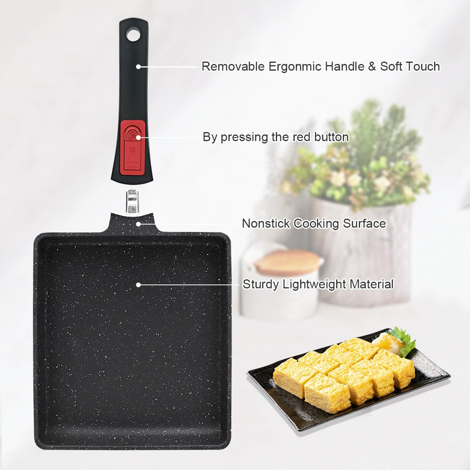 JABNOW Tamagoyaki Pan, Japanse omeletpan, anti-aanbak, omeletpan, rechthoekige eierpan voor inductie en gasfornuis, inclusief vetborstel, siliconen spatel, bord, staafjes, kookaccessoires