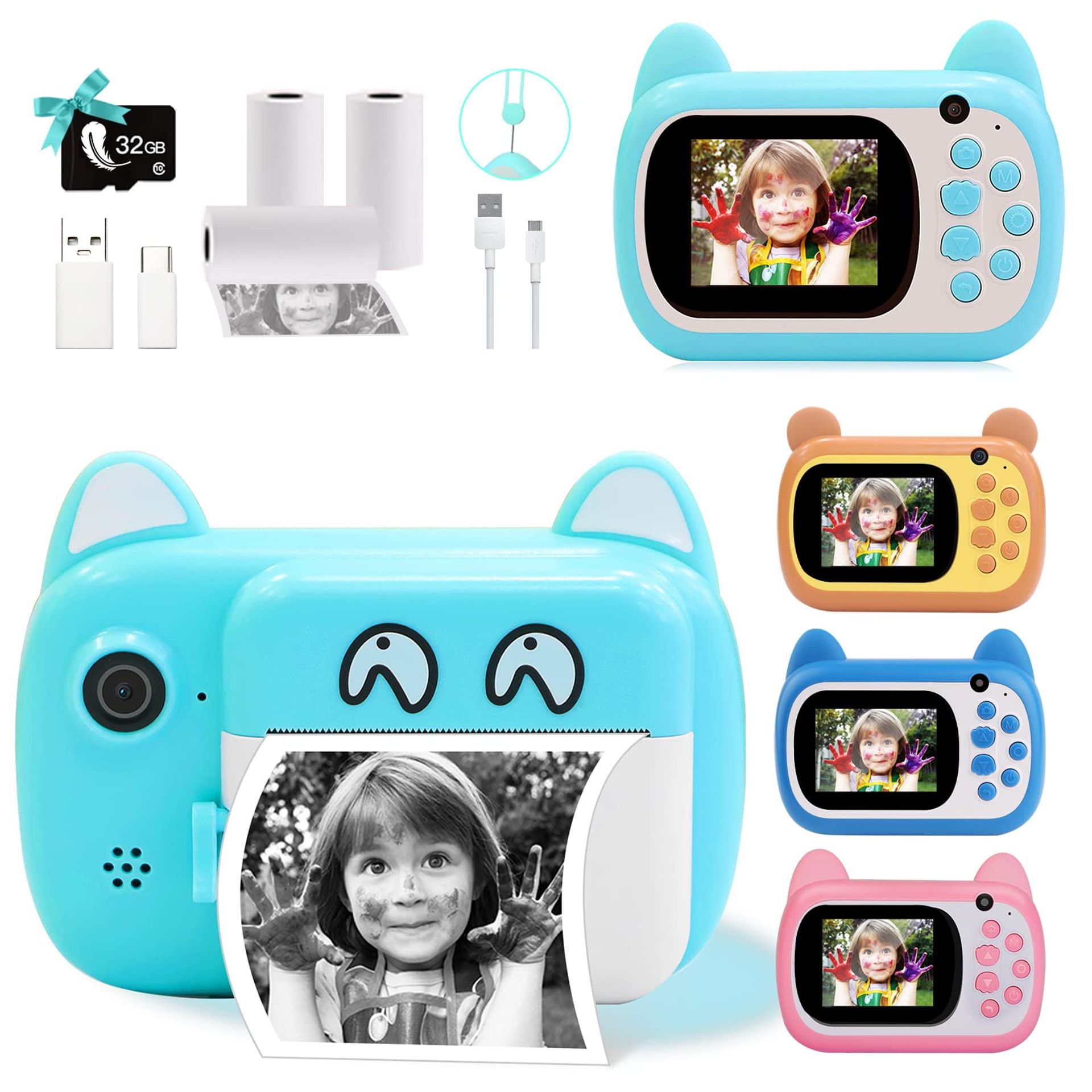 Instant Print Camera for Kids 2.4-Inch LCD 24MP Dual Lens 1080P Video Recorder - Green A7