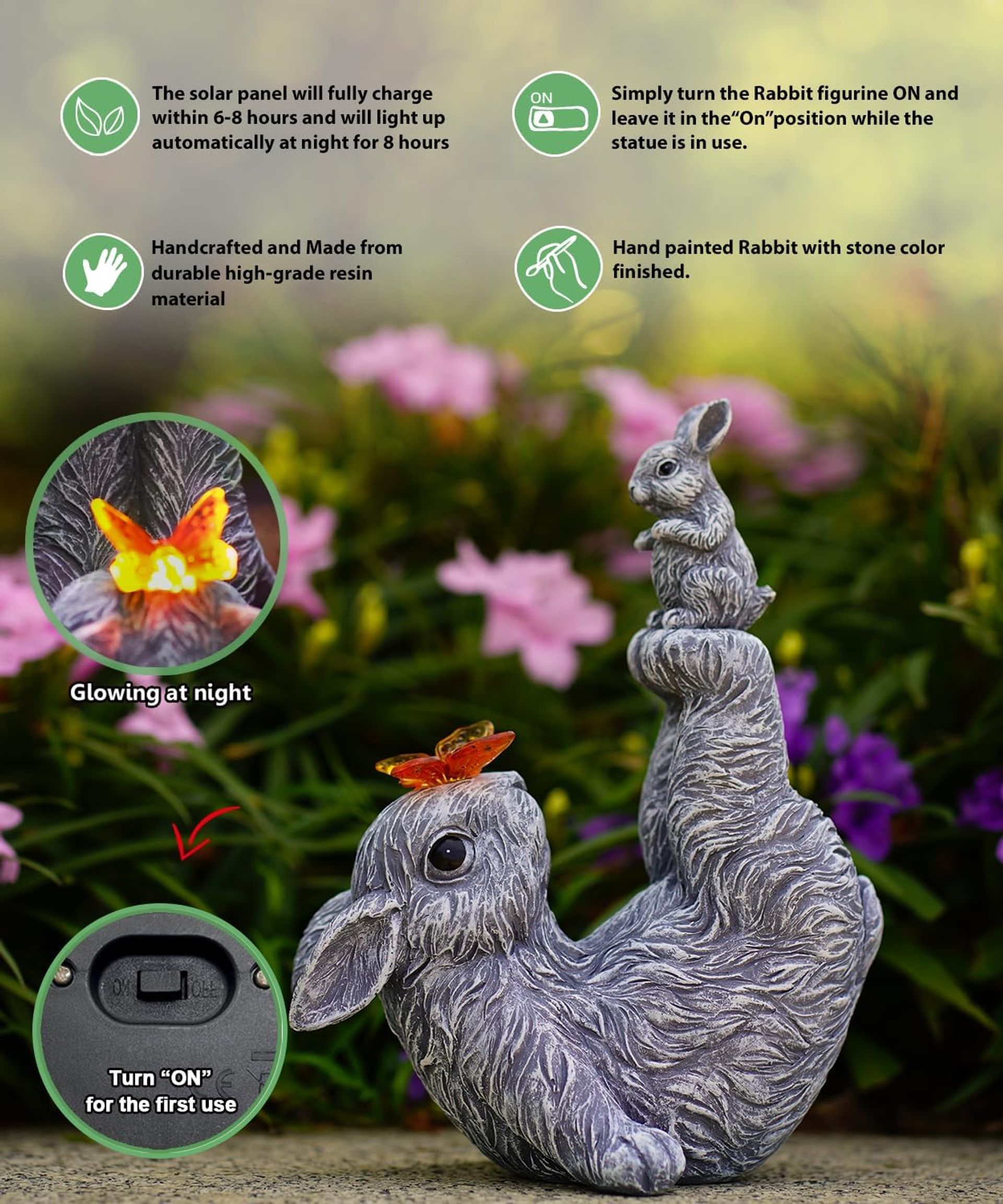 Solar Rabbit Handstand Mother & Son Garden Statue Waterproof Resin Figuri