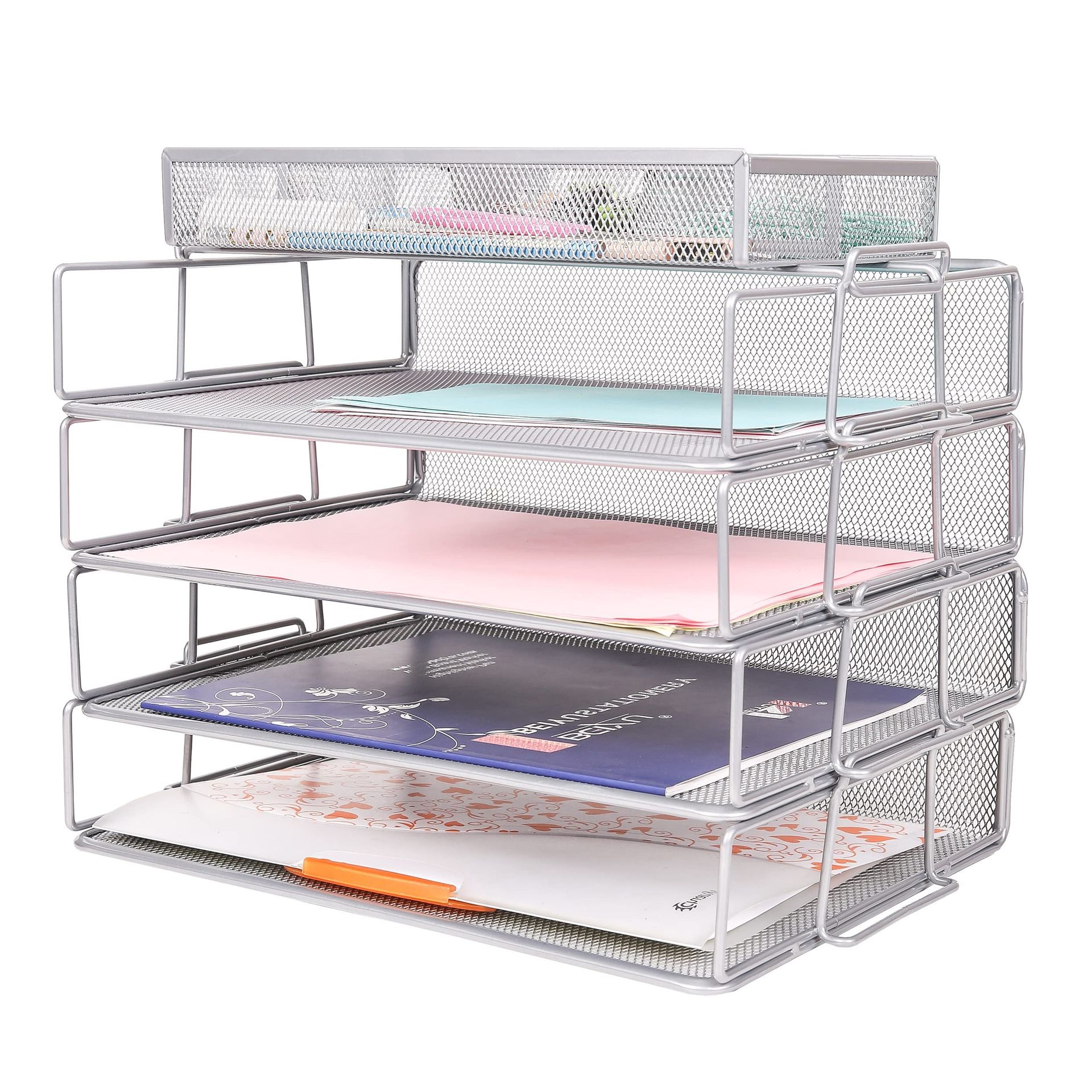 Stackable Paper Sorter Set 4 Tier Letter Trays with Accessory Organiser for Desk, Office or Home - Silver 38x25x16cm