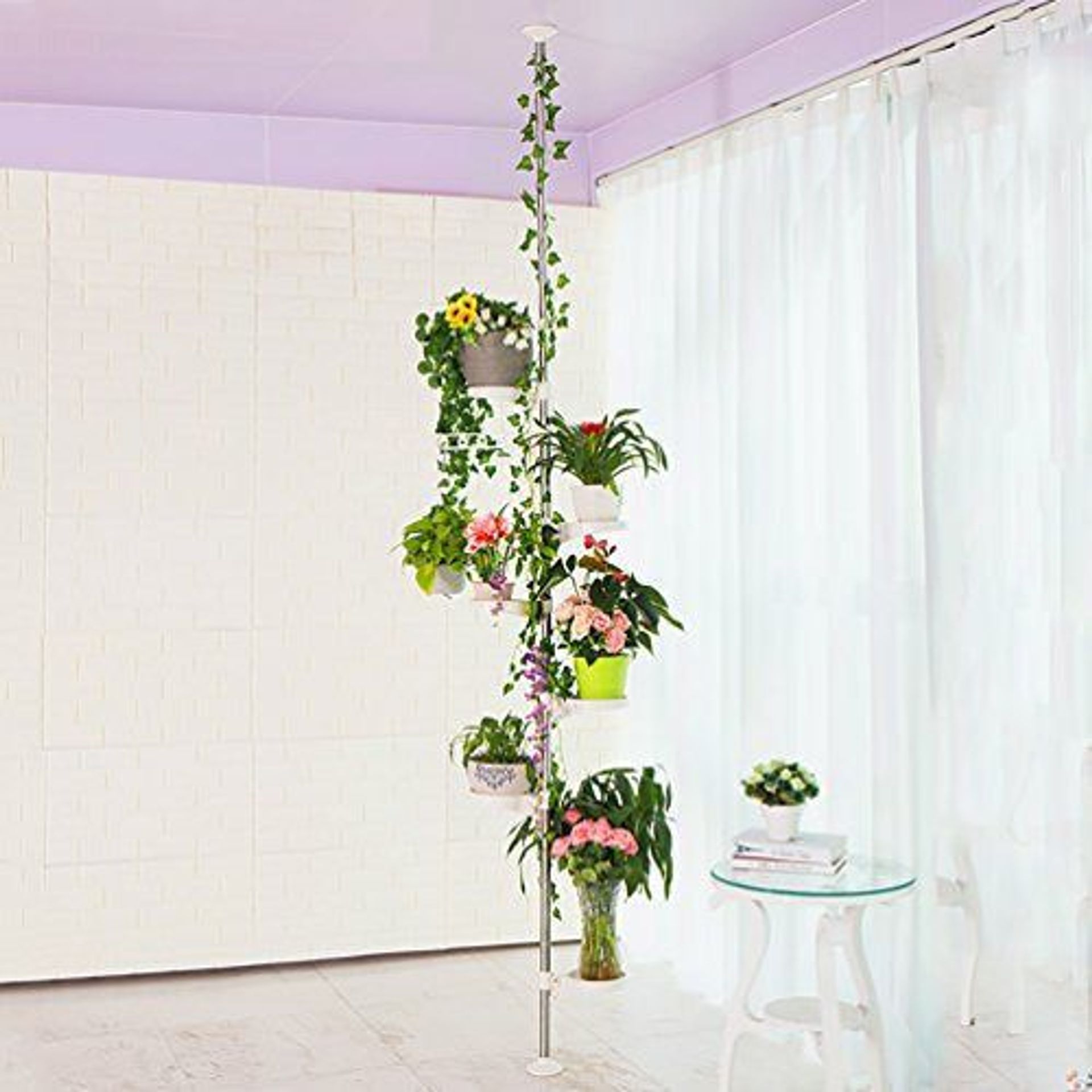 BAOYOUNI 7-Layer Indoor Plant Stands Spring Tension Pole Metal Flower Dis