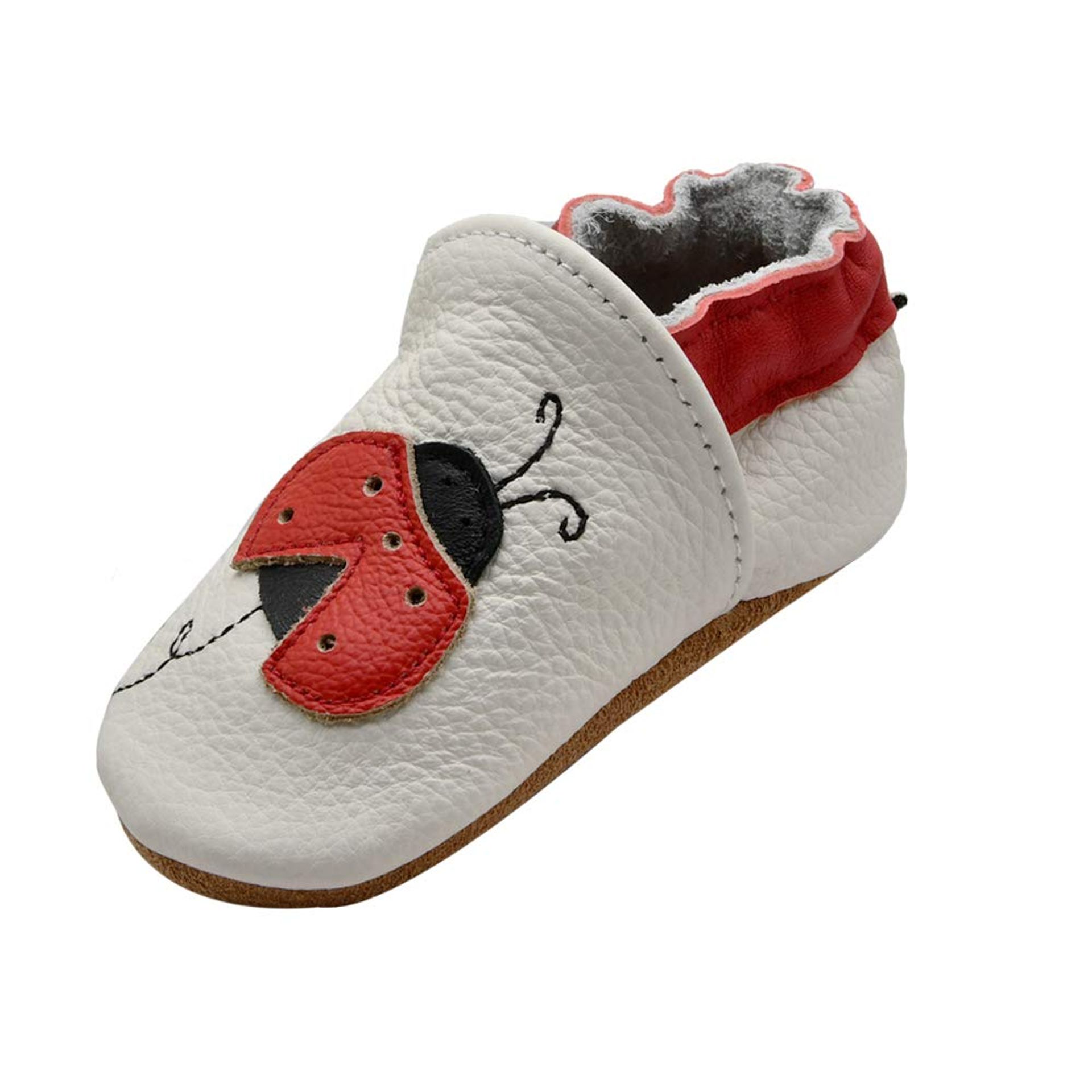 Baby Soft Leather Prewalker Shoes Non-Slip Moccasins for First Steps - White Ladybug 18-24 Months