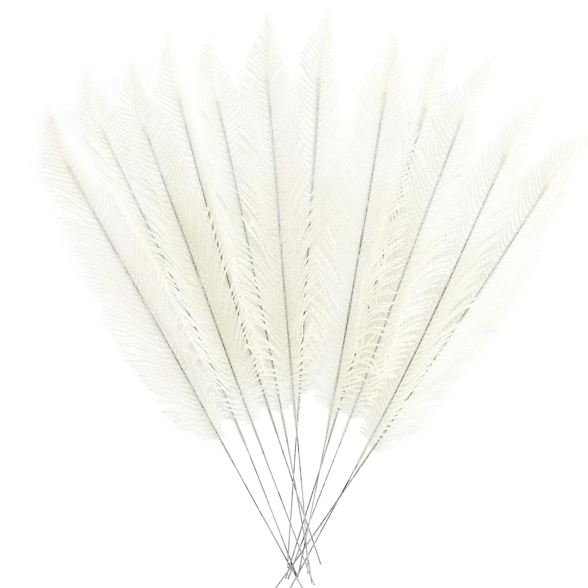 KKSTY Pack of 12 Artificial Glitter Feather False Leaves Christmas Tree Picks Sprays for Xmas Tree Carnival Party Decoration Festival Home Decor Flower Arrangment Vase Filler (White)