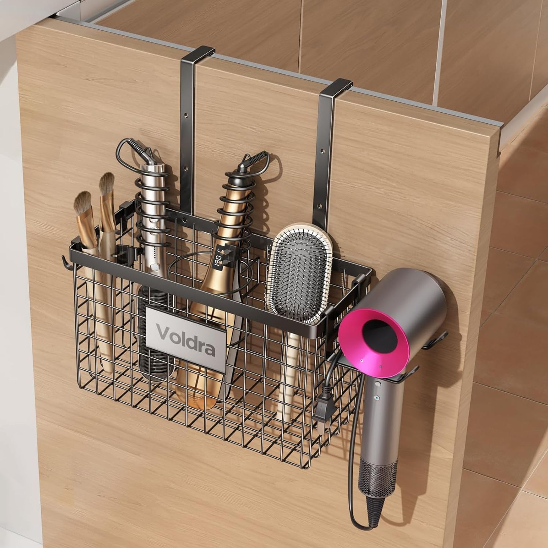 Wall Mounted Hair Dryer & Straightener Holder with Brush Organiser Rack - Black