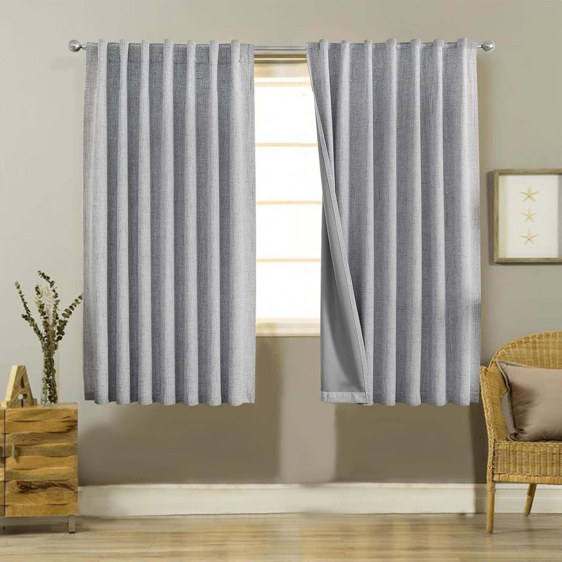 Thermal Blackout Curtains Linen Look Drapes 2 Panels Noise Reducing & Insulating - Light Grey 46x54 Inch
