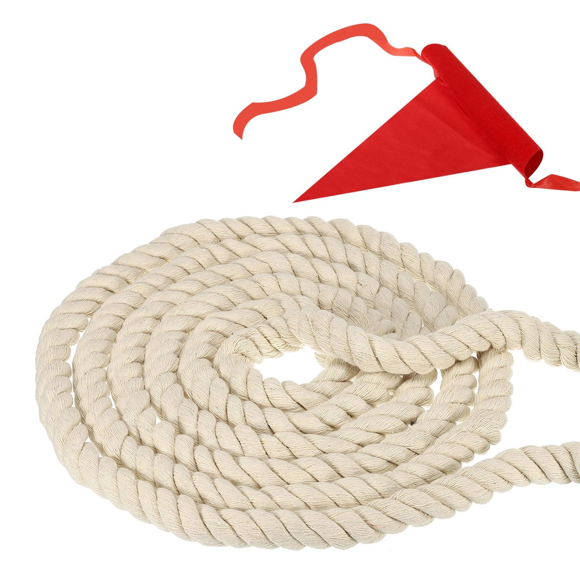 Tug of War Rope 3-Strand Natural Cotton with Flag Team Game 20ft - Beige 20 Feet
