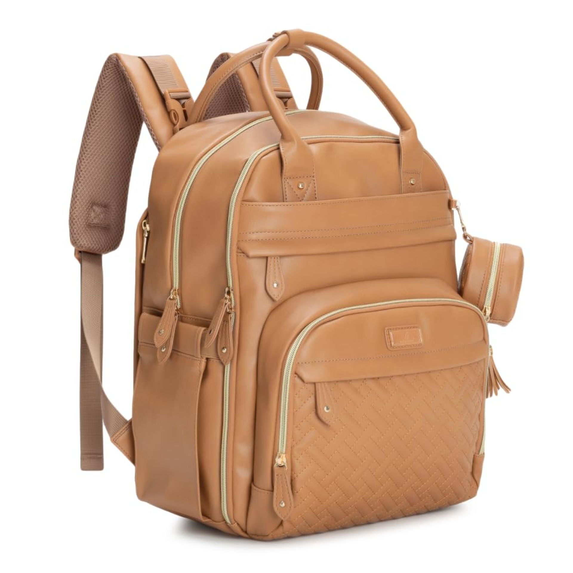 Leather Baby Changing Backpack - Multi-Function, Waterproof with Changing Mat, Stroller Straps & Pacifier Case - Unisex Light Brown