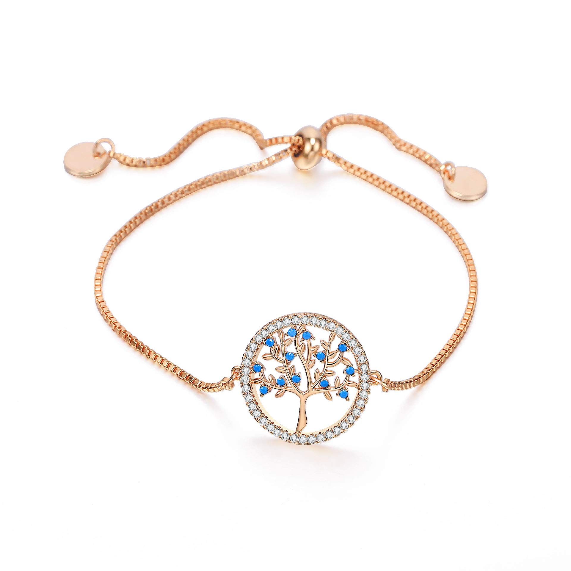 Tree of Life Copper Bracelet with Blue Cubic Zirconia Leaves – Adjustable Jewellery Gift