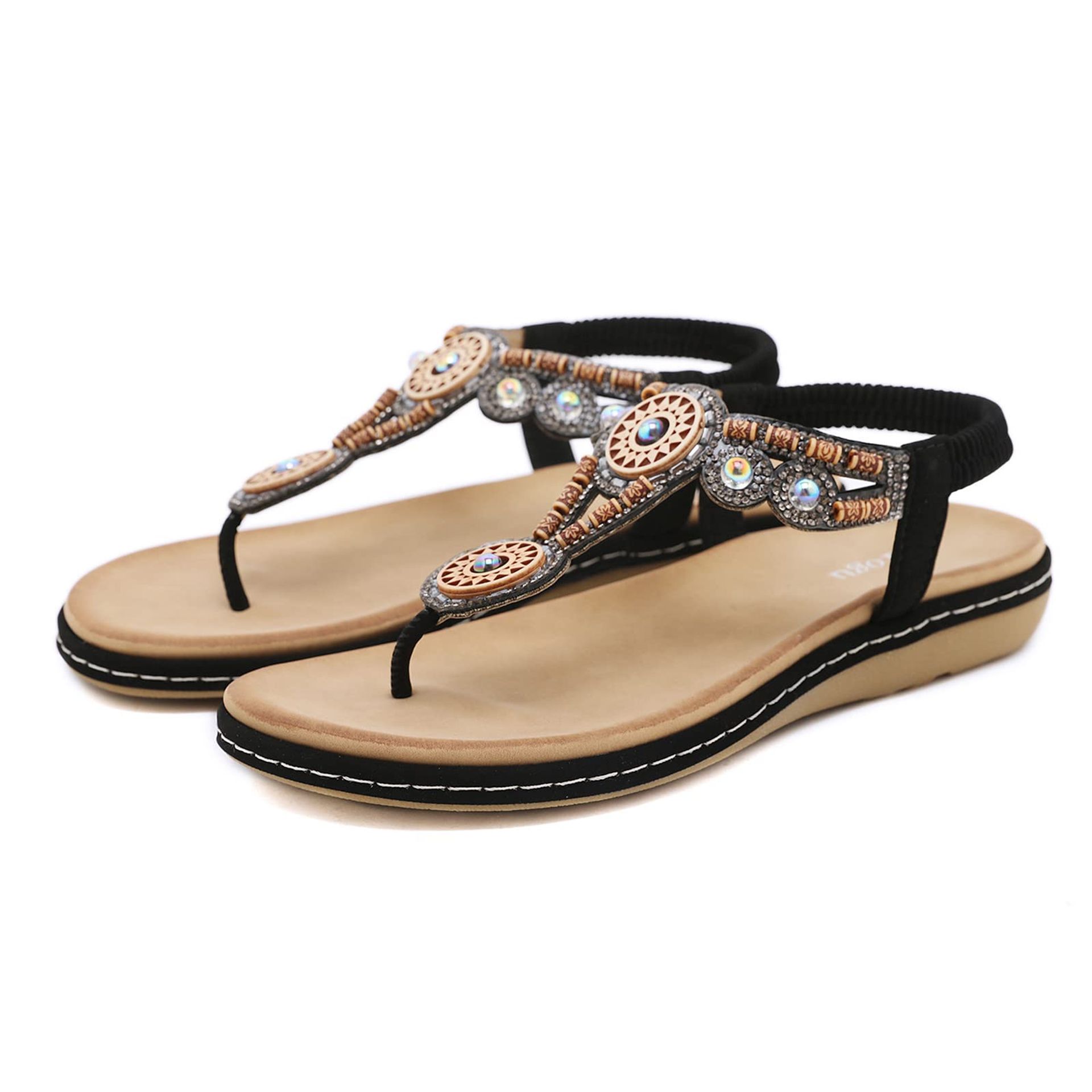 Women's Bohemian Flat Leather Toe Post Flip Flop Sandals Summer Walking Style - Black UK 3.5