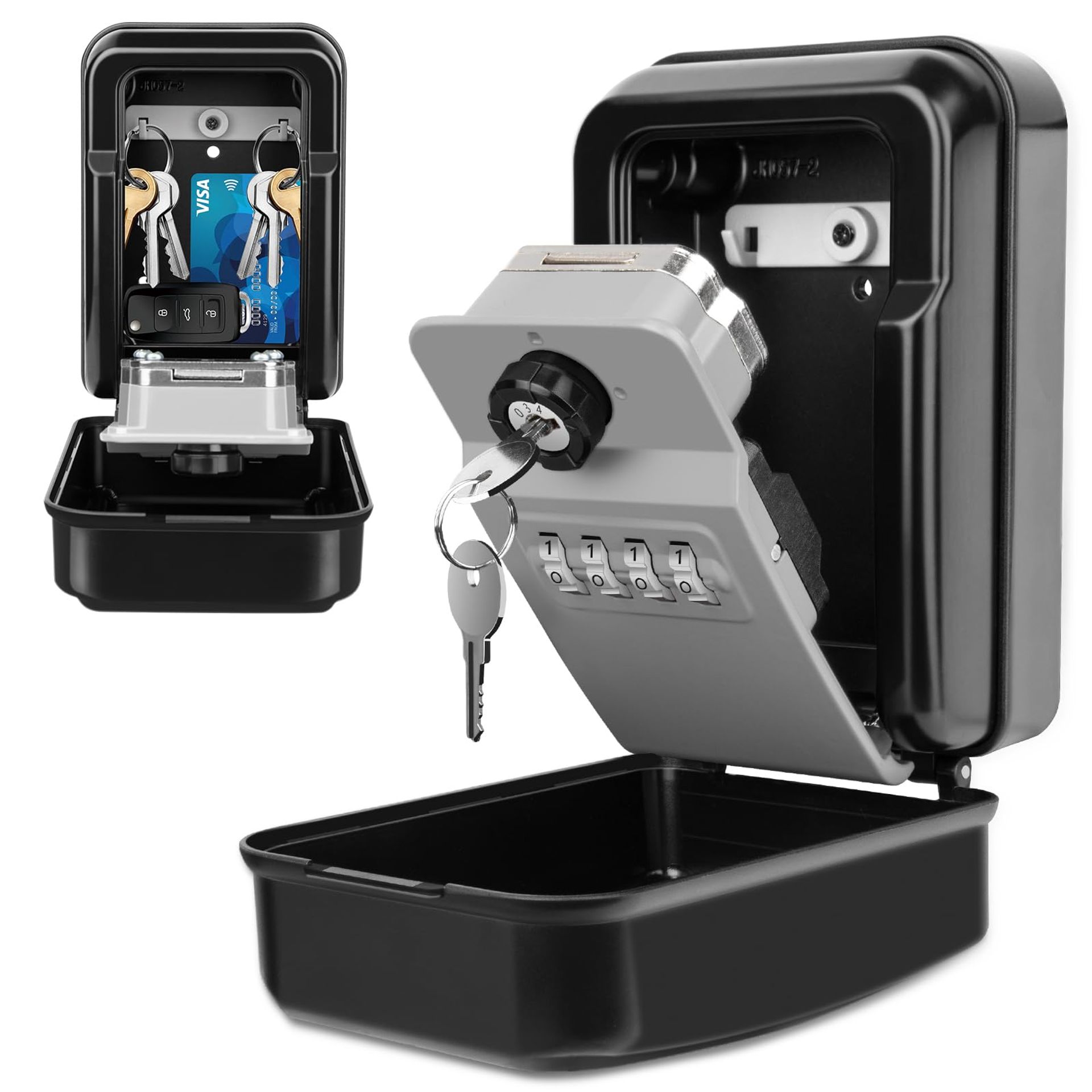 Key Safe Wall Mounted Lock Box with 4-Digit Resettable Combination and 2 Keys for Secure Outdoor Storage - Grey G19