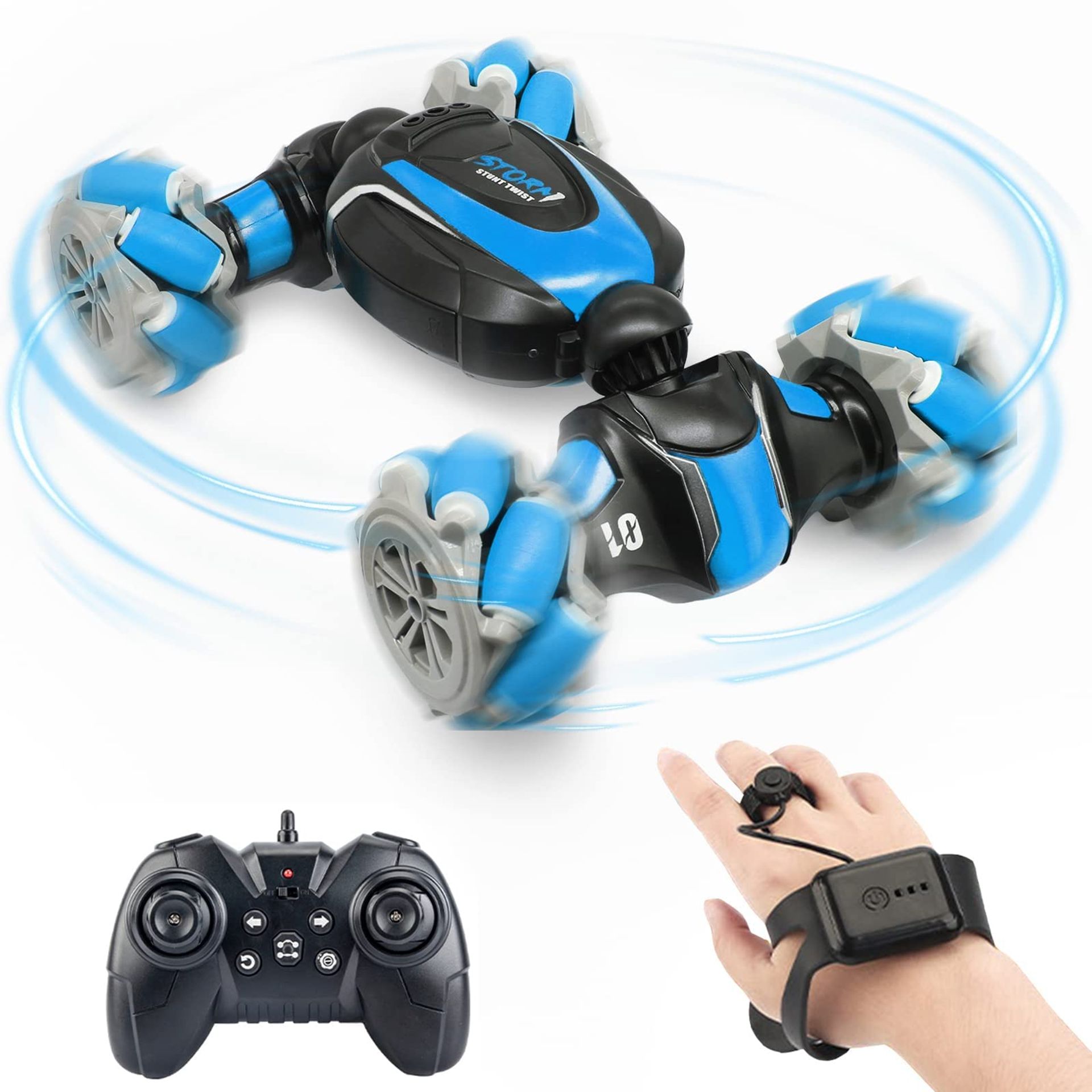 Remote Control Stunt Car with 360° Rotation, Gesture Sensor & Twisting Body – Rechargeable RC Toy for Kids, Blue Upgrade